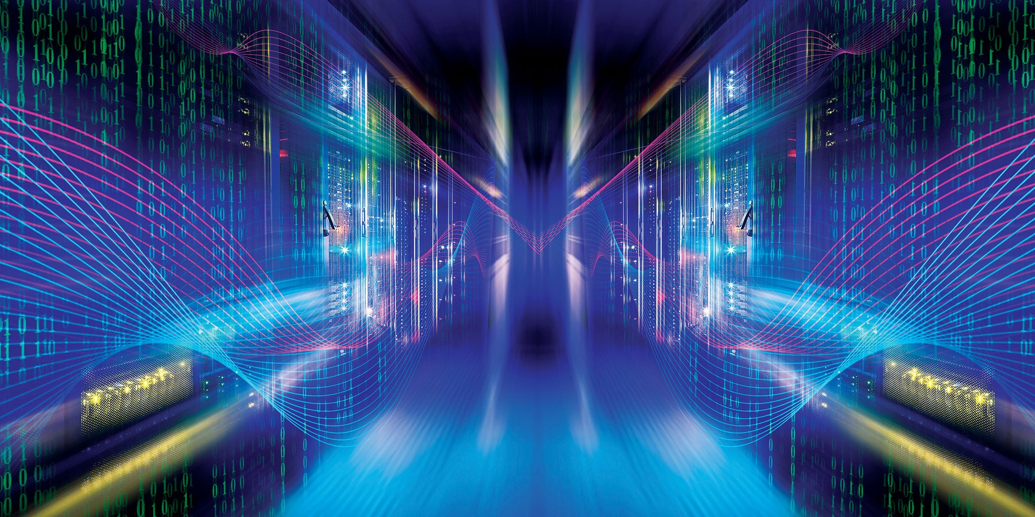 A high-tech data center corridor is depicted with rows of illuminated server racks on both sides. The scene is enhanced by digital overlays, including binary code and colorful waveforms, suggesting advanced data processing and connectivity. The overall palette is dominated by blue and purple tones, creating a futuristic and dynamic atmosphere. No visible people or explicit numeric values are present in the image.