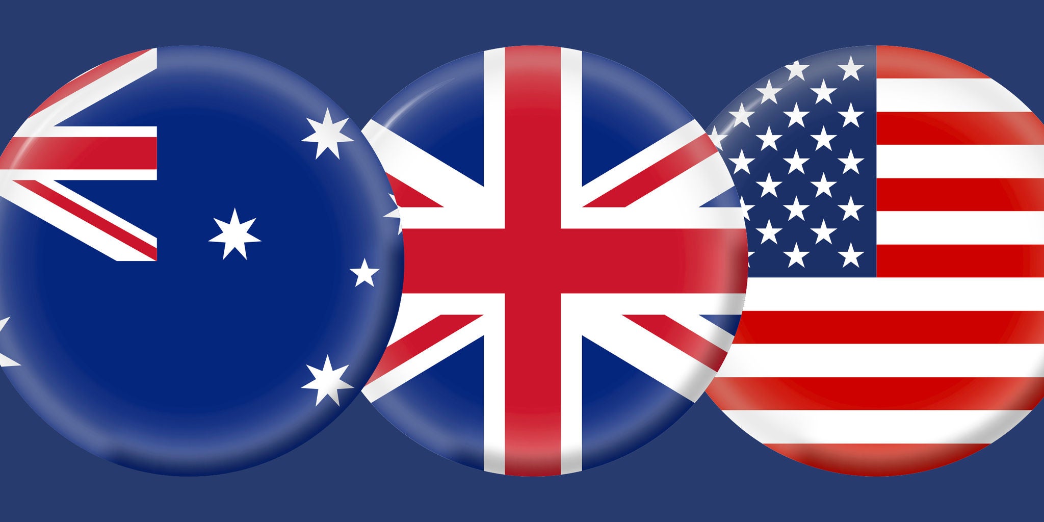 Three circular buttons display the national flags of Australia, the United Kingdom, and the United States. The buttons are arranged side by side against a solid blue background, each with a glossy, reflective finish. The flags are clearly visible, showcasing their distinctive colors and patterns.