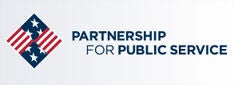 Rectangular graphic featuring a diamond-shaped emblem with stylized stars and stripes on the left. To the right, the text reads "PARTNERSHIP FOR PUBLIC SERVICE" in bold, uppercase letters. The design uses a clean, professional layout with a red, white, and blue color palette. The overall style suggests a formal, civic-oriented organization.
