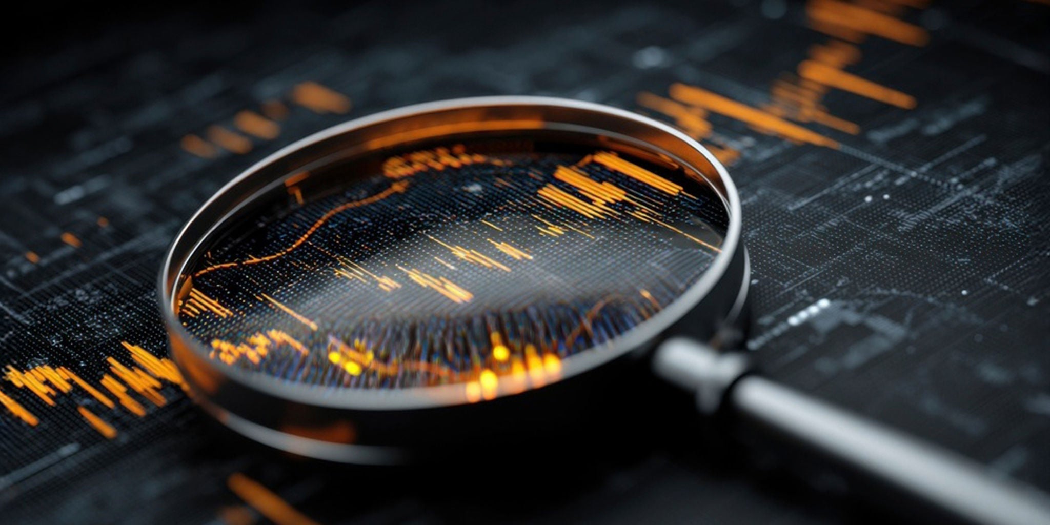 Magnifying glass over a digital chart showing orange data lines on a dark grid background