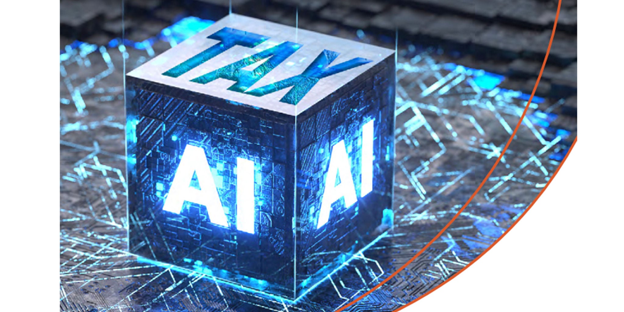 A glowing cube with the words 'TAX' and 'AI' prominently displayed, set against a high-tech, digital background. The cube emits a bright blue light, emphasizing a futuristic and technological theme. The scene features intricate circuit-like patterns, suggesting innovation and advanced systems.