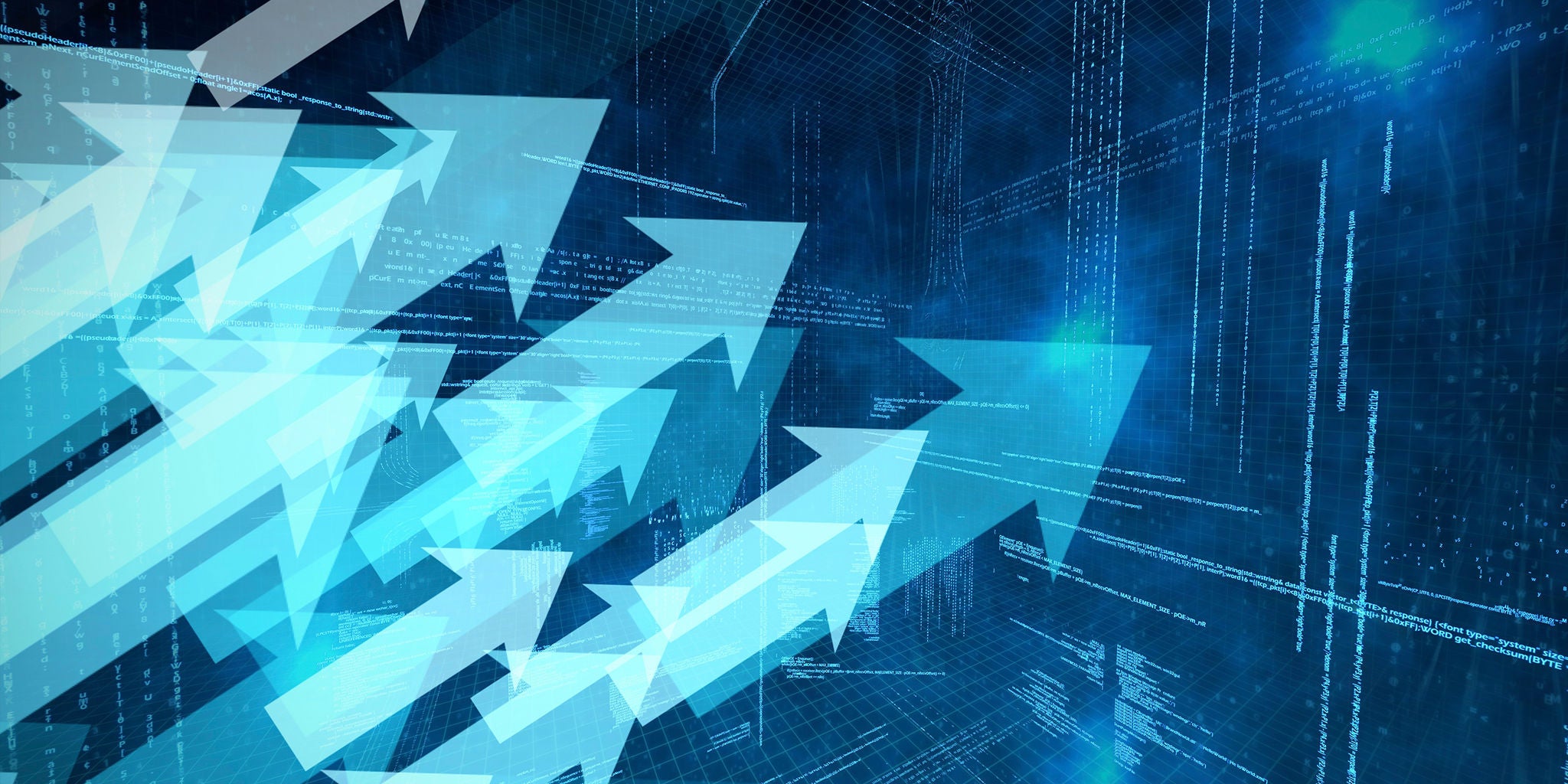 A group of translucent arrows points upward across a digital, abstract blue background. The scene features grid lines, data points, and glowing effects, evoking a sense of technology and progress. The overall palette is dominated by shades of blue and white, creating a futuristic and dynamic mood. No visible text or numbers are present in the image.