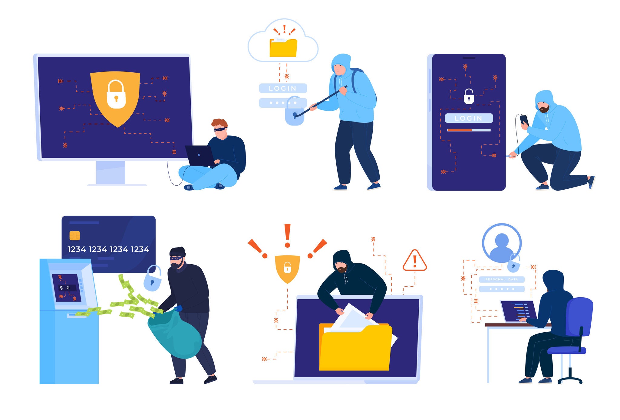 Illustration depicting various cybersecurity threats, including hacking, data breaches, and ATM theft. Scenes show individuals engaging in cybercrimes such as stealing data, accessing accounts, and withdrawing money fraudulently. Visuals include computers, mobile devices, and warning icons, emphasizing digital security risks.