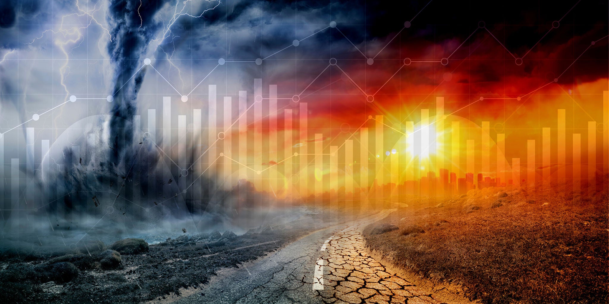 A powerful tornado swirls on the left side of the image, merging into a cracked, drought-stricken landscape under a fiery sunset. The road leads toward a distant city skyline, emphasizing the contrast between natural disaster and urban life. Lightning strikes and storm clouds intensify the dramatic atmosphere, while digital data graphics overlay the scene.