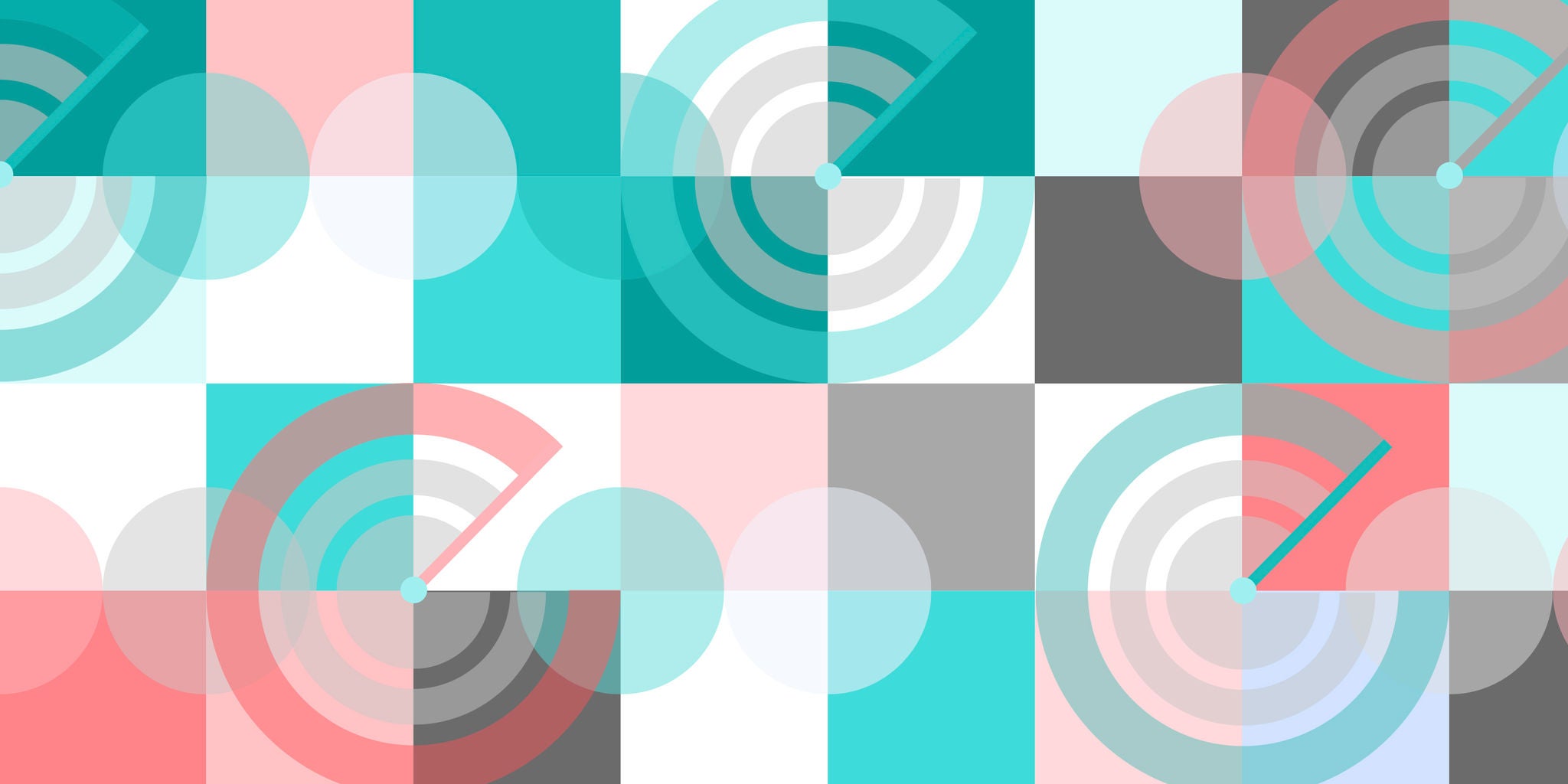 This image features a modern geometric pattern composed of alternating squares and overlapping circular radar-like graphics. The color palette includes teal, pink, white, gray, and light blue, creating a fresh and contemporary visual style. The design is abstract, with no people or text visible, and the circles contain segmented lines resembling radar screens. The overall mood is playful and dynamic, suitable for creative or tech-inspired themes.
