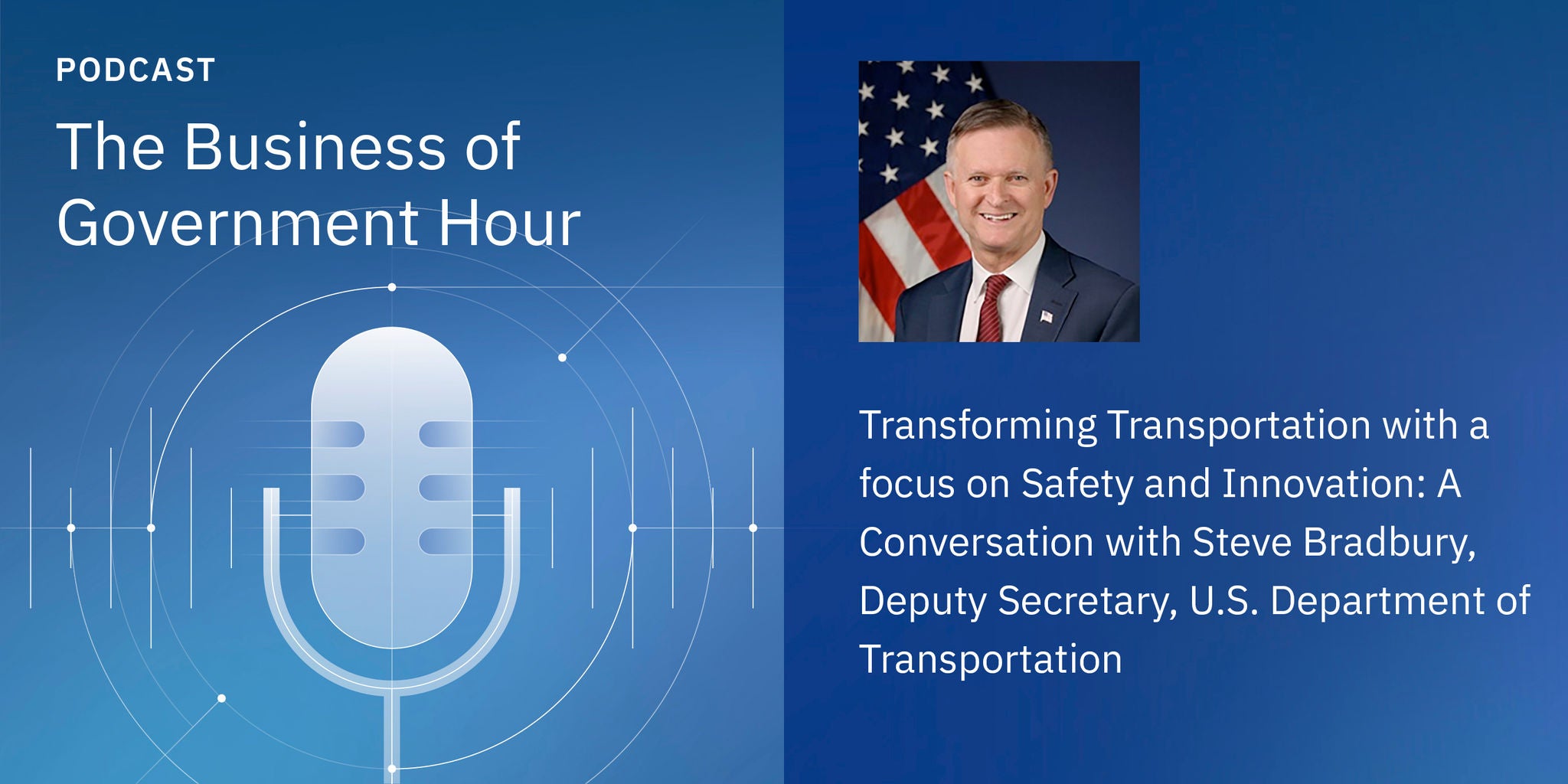 Podcast cover featuring a microphone graphic, a portrait, and text about transportation safety and innovation