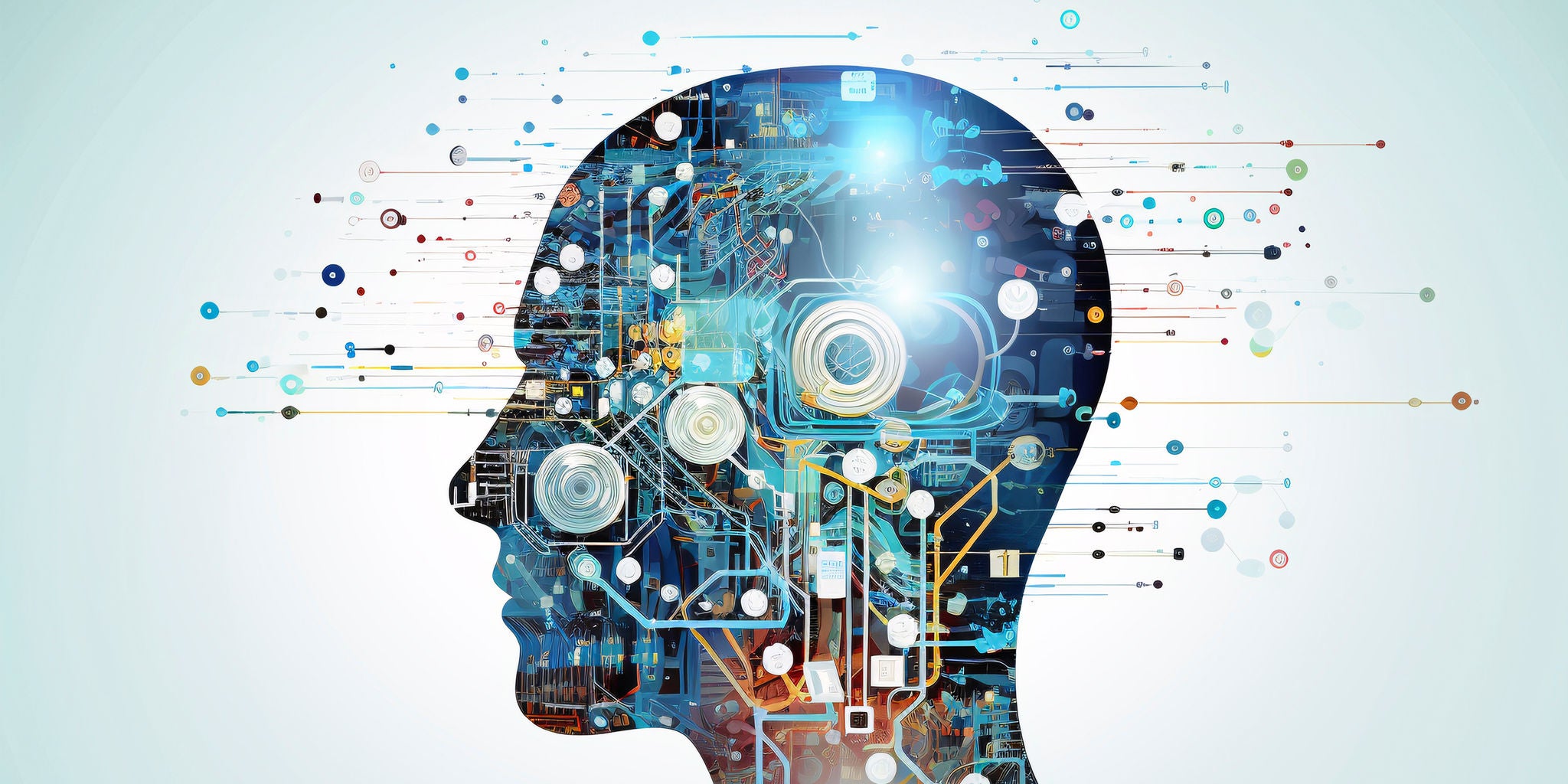 A side profile of a human head is illustrated with intricate digital circuit patterns and glowing elements. The background is light, emphasizing the technological and futuristic theme. Various lines and nodes extend from the head, symbolizing connectivity and data flow. The overall palette is cool with blue and metallic tones, evoking a sense of innovation and artificial intelligence.