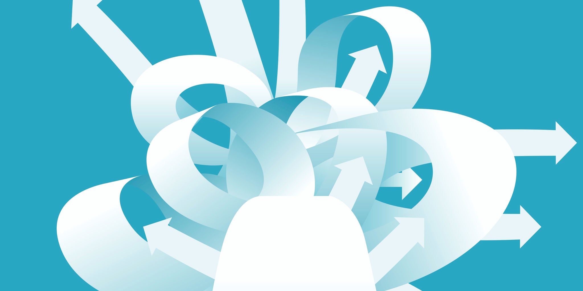 An abstract illustration features a central white figure surrounded by multiple swirling white arrows pointing in various directions. The background is a solid blue, creating a modern and dynamic visual effect. The image conveys a sense of confusion, complexity, or decision-making, with no visible text or numbers present.