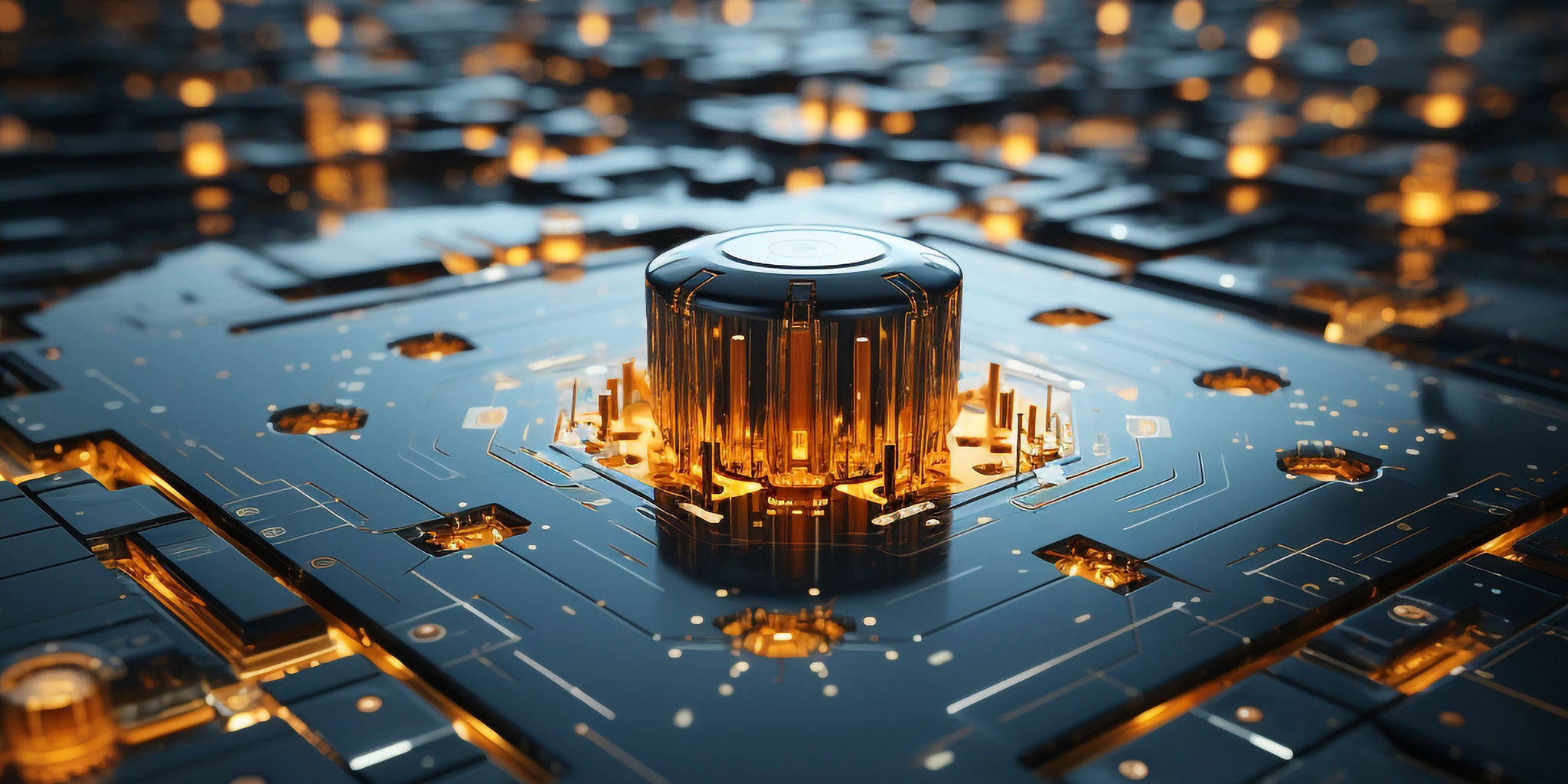 A highly detailed microchip sits at the center of a complex circuit board, illuminated by glowing orange and gold lights. The setting evokes advanced technology and innovation, with metallic and reflective surfaces throughout. The image features a dark, high-contrast palette with vibrant highlights, creating a sleek and modern atmosphere. No visible text or numeric values are present.