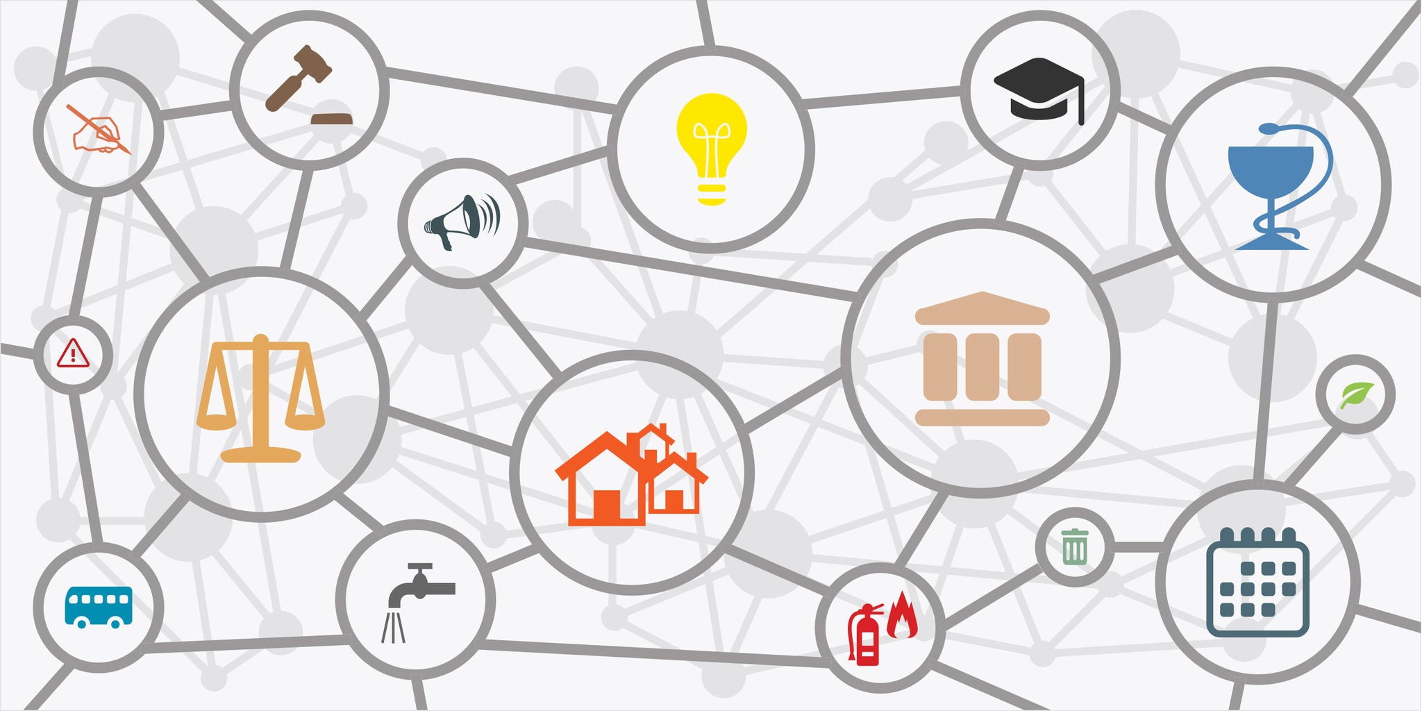 A digital illustration features interconnected circles containing various civic and legal system icons. Symbols include scales of justice, a courthouse, a graduation cap, a house, a fire extinguisher, and a calendar, among others. The background is light with a network of lines connecting each icon, representing interconnected systems. The color palette is muted with pops of orange, yellow, and blue. No visible text or numbers are present in the image.