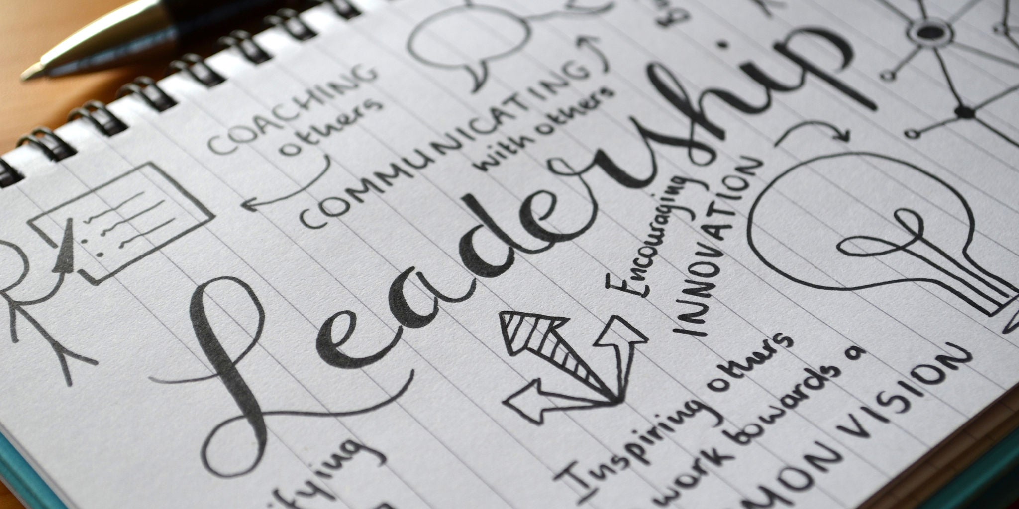 A notebook page features hand-drawn illustrations and text centered around leadership concepts. Words like 'Leadership,' 'Innovation,' and 'Communicating' are prominently displayed in a creative layout. The page includes arrows, lightbulbs, and stick figures, emphasizing teamwork and vision.