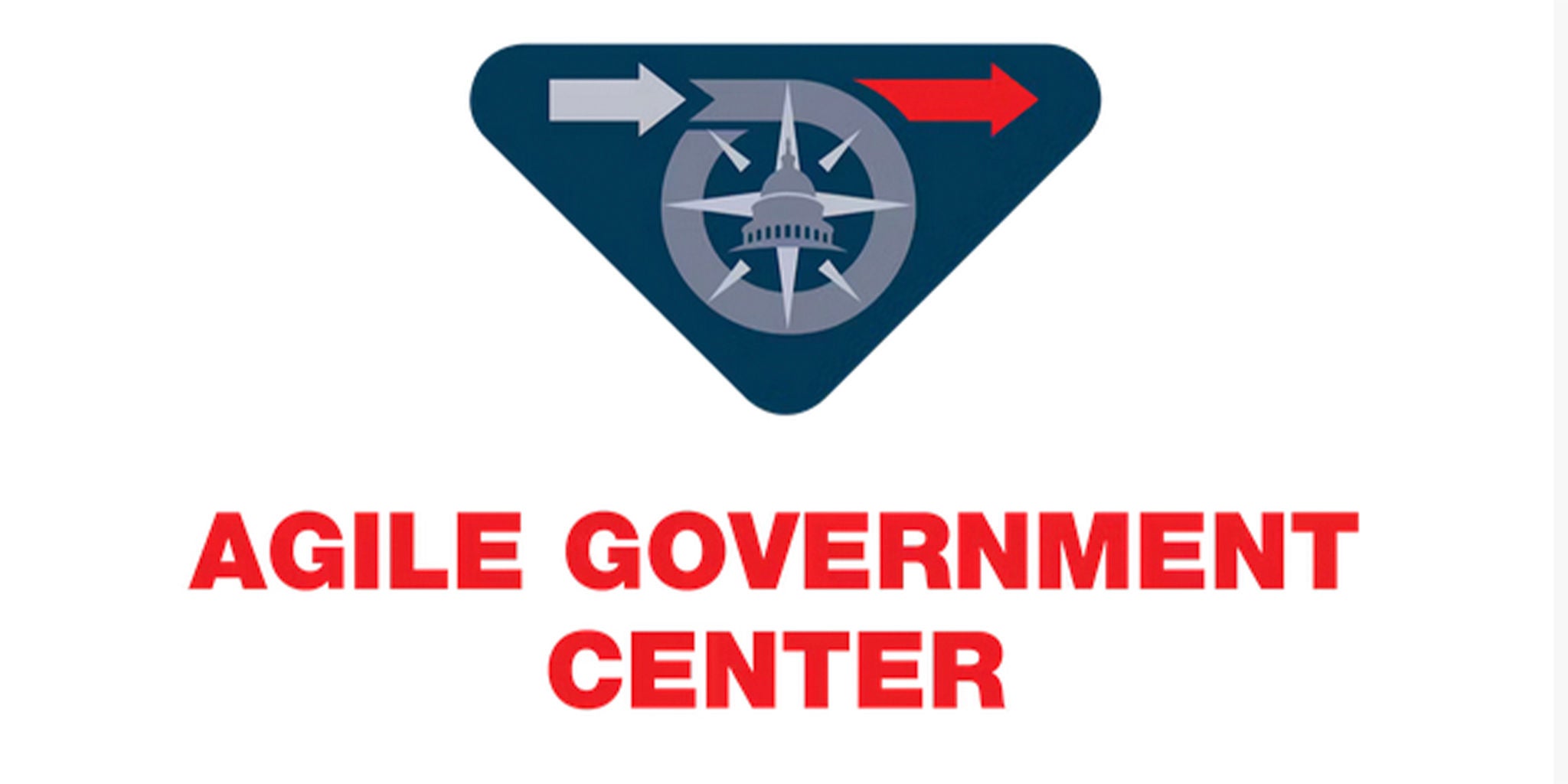 A triangular logo featuring a compass and government building icon, symbolizing direction and governance. The design includes arrows pointing left and right, emphasizing agility and movement. Below the logo, the text 'AGILE GOVERNMENT CENTER' is prominently displayed in bold red letters.