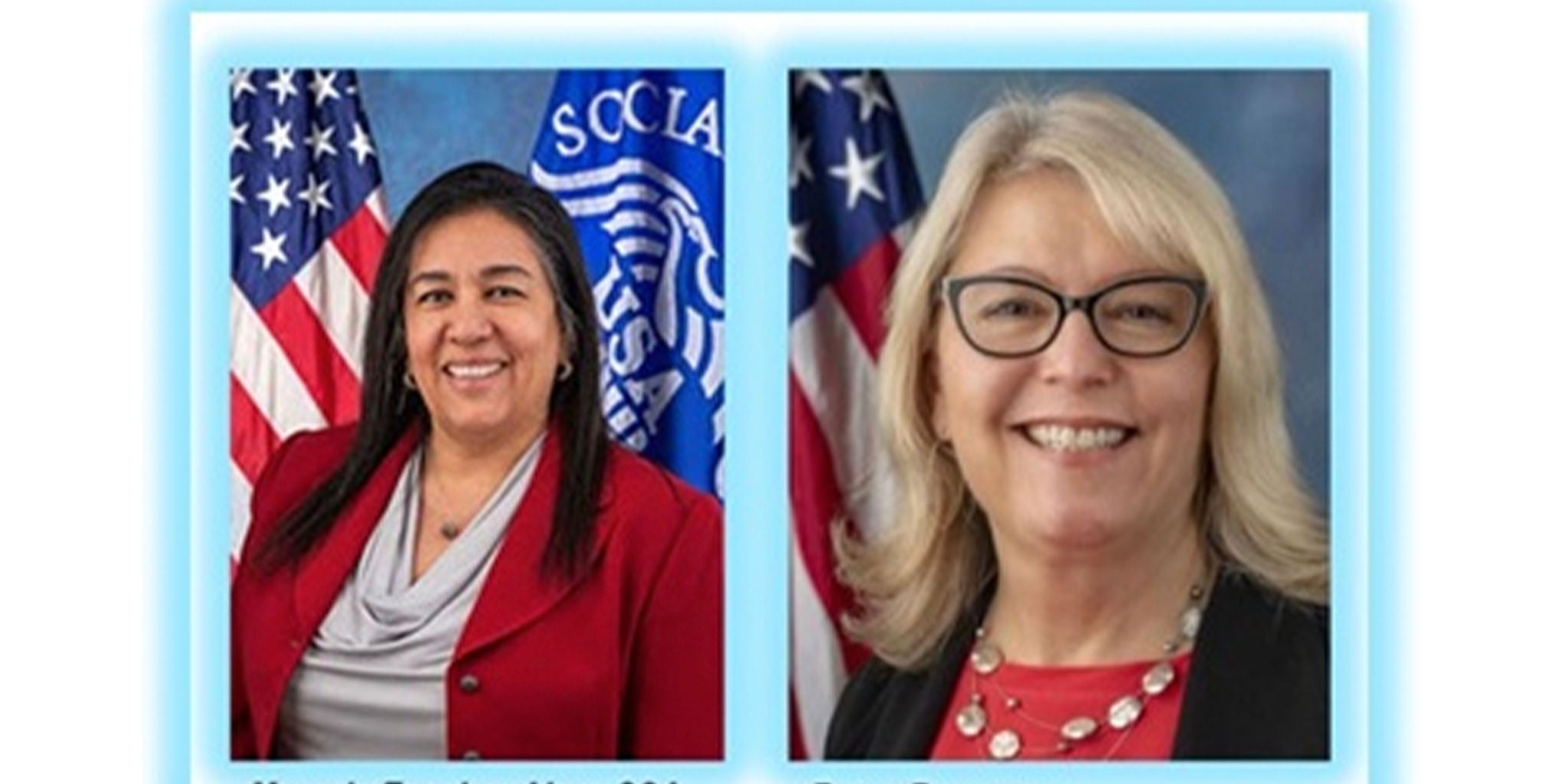 Two women are pictured in formal business attire, standing in front of a backdrop featuring American flags and a visible emblem with the text 'SOCIAL' and 'USA'. The setting appears professional, likely in an official or governmental context.