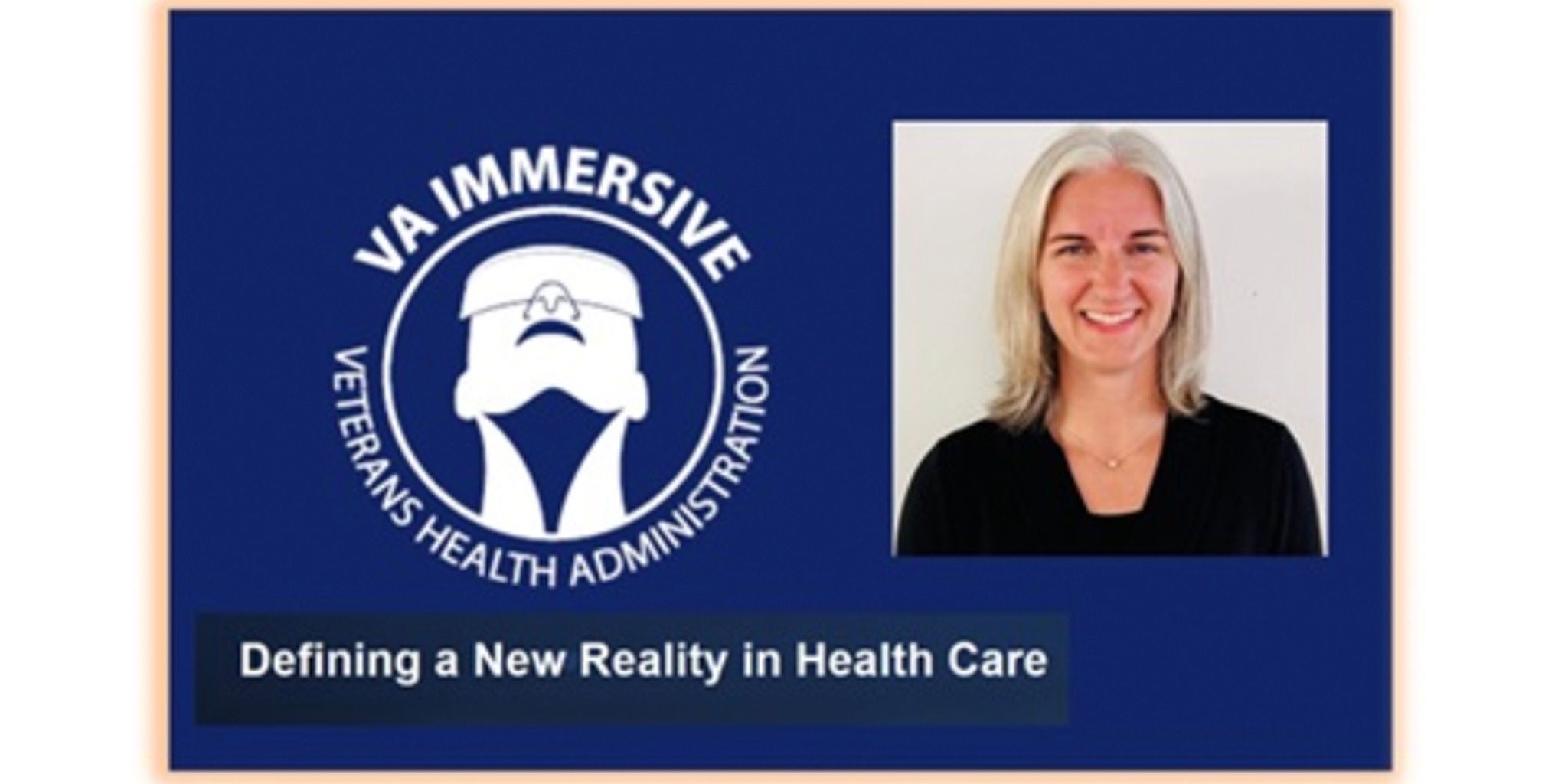 A promotional graphic for VA Immersive, a Veterans Health Administration program. The design features a logo with a headset illustration and the text 'Defining a New Reality in Health Care.' The image emphasizes innovation in healthcare services.
