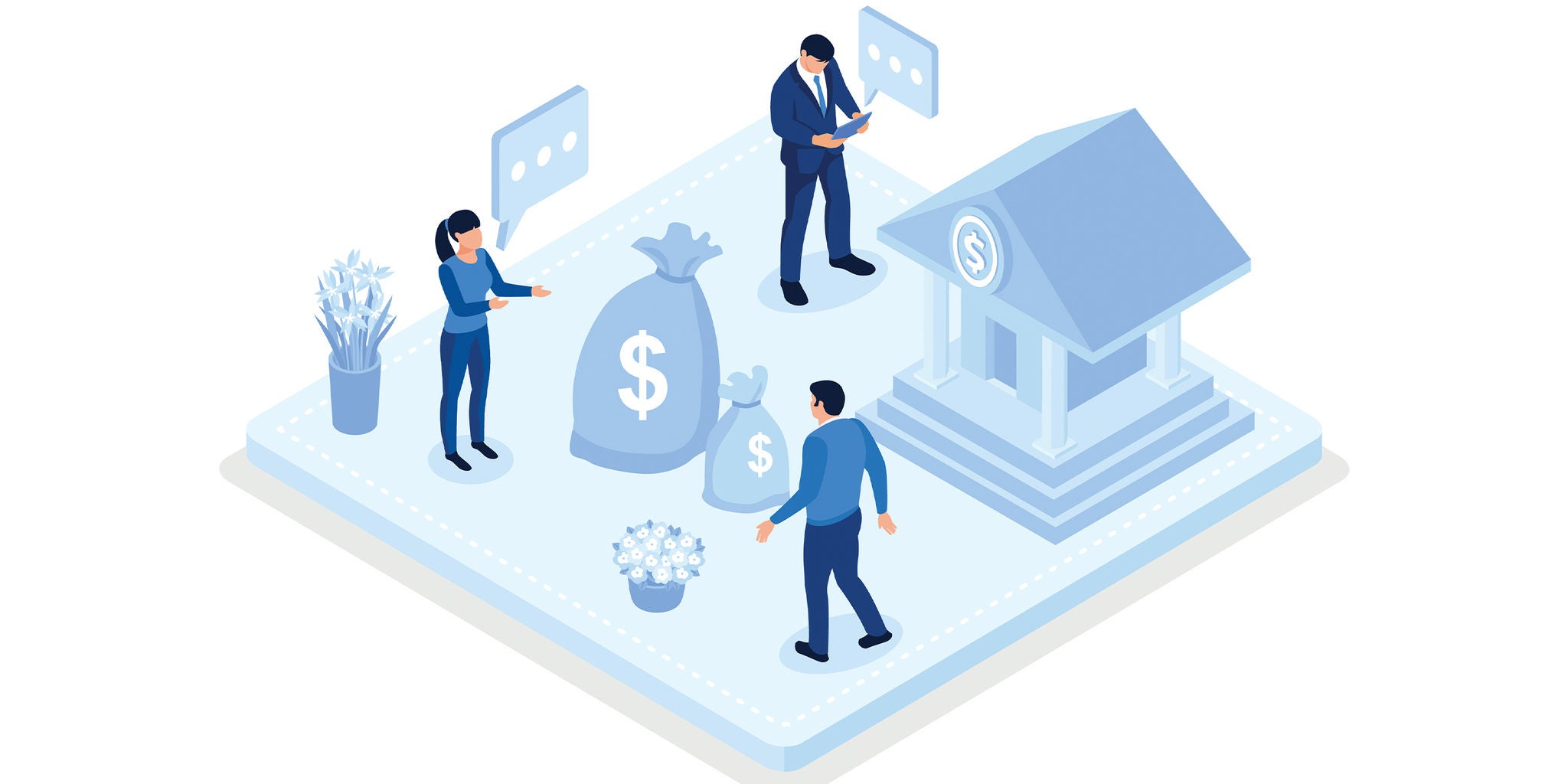 An isometric illustration depicting a financial setting with a bank building, money bags, and people interacting. The scene includes individuals in business attire, engaging in financial activities. The color palette is predominantly blue, conveying a professional and corporate mood.