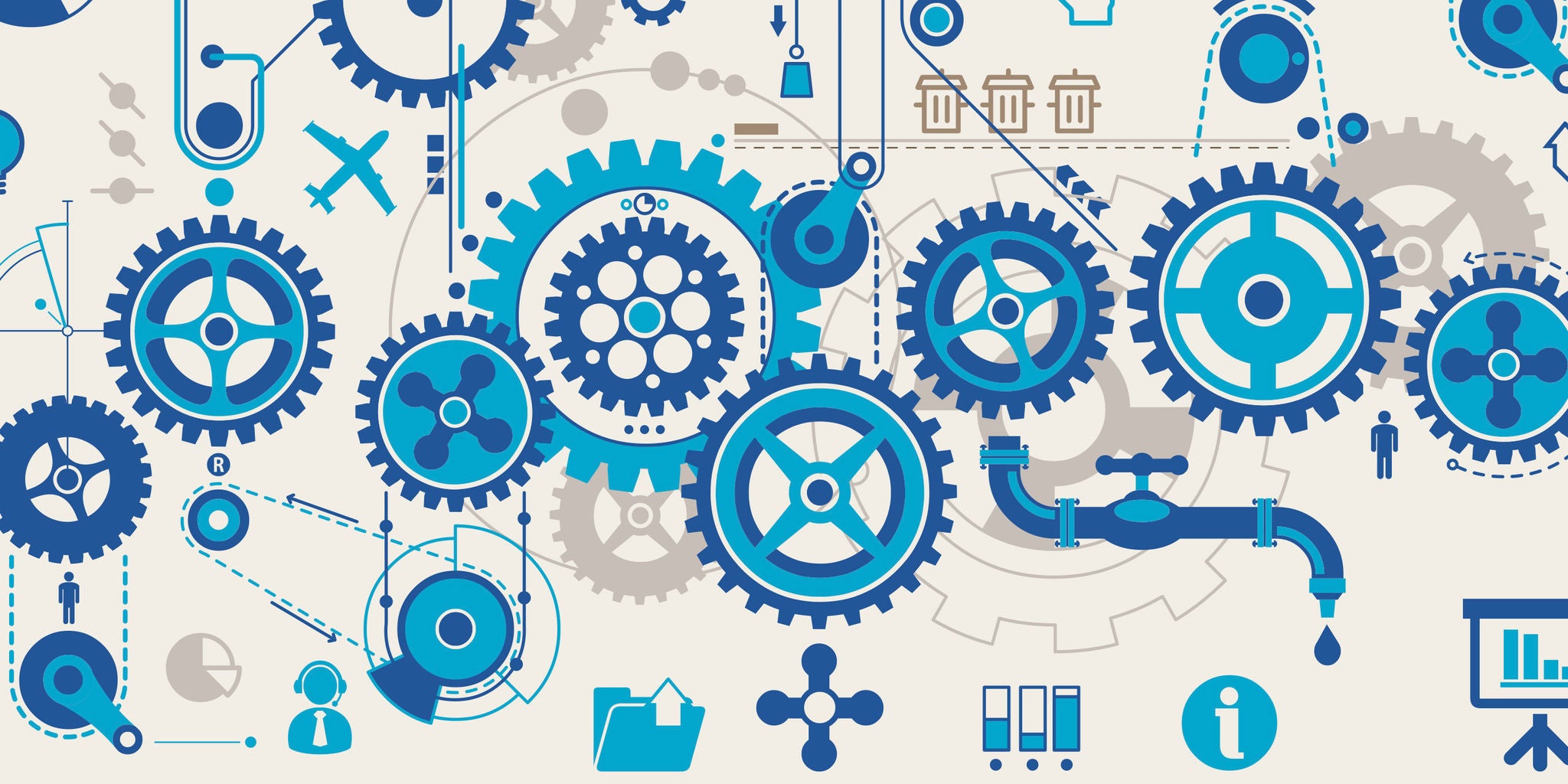 This image features a complex arrangement of blue gears and cogs interlocked in an abstract industrial design. Various icons such as people, airplanes, folders, and water faucets are integrated into the composition, suggesting themes of workflow, automation, and connectivity. The color palette is dominated by shades of blue and beige, creating a modern and technical mood. No visible text or numeric values are present in the image.