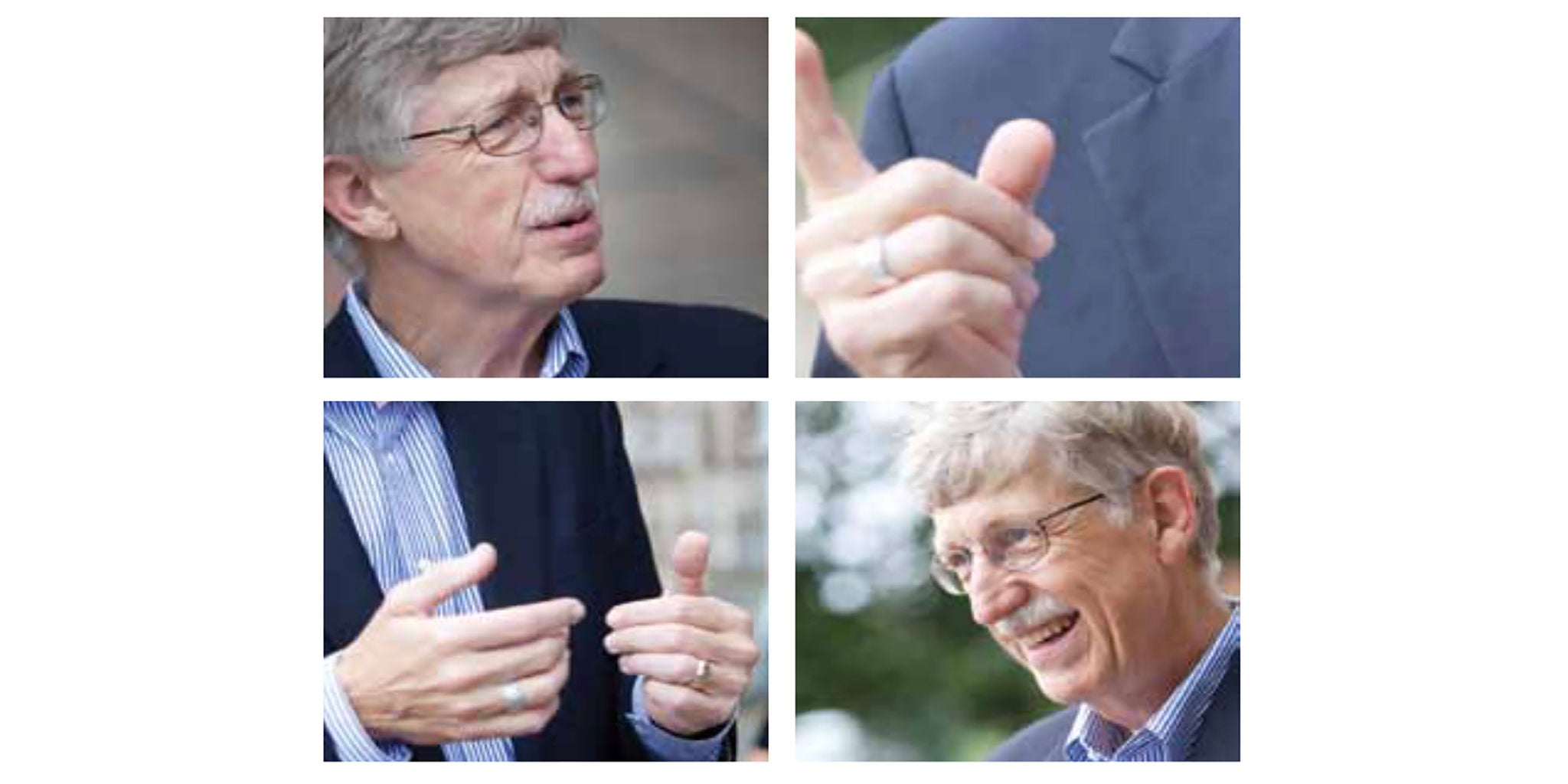 A man wearing a suit and striped shirt is seen gesturing with his hands in an outdoor setting. The images focus on hand movements and formal attire, suggesting communication or presentation. The background includes natural elements, adding a casual yet professional tone.