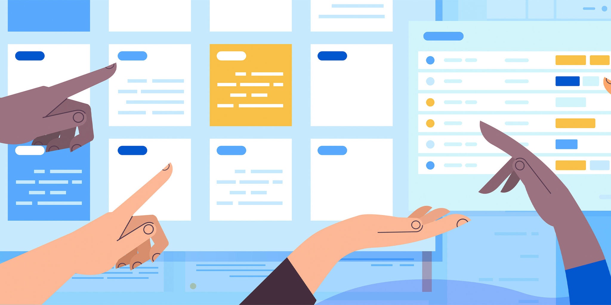 Illustration of multiple hands pointing at a digital dashboard with organized cards and lists. The setting suggests a collaborative workspace or project management environment. The visuals feature a clean, blue-toned palette with a focus on teamwork and organization.