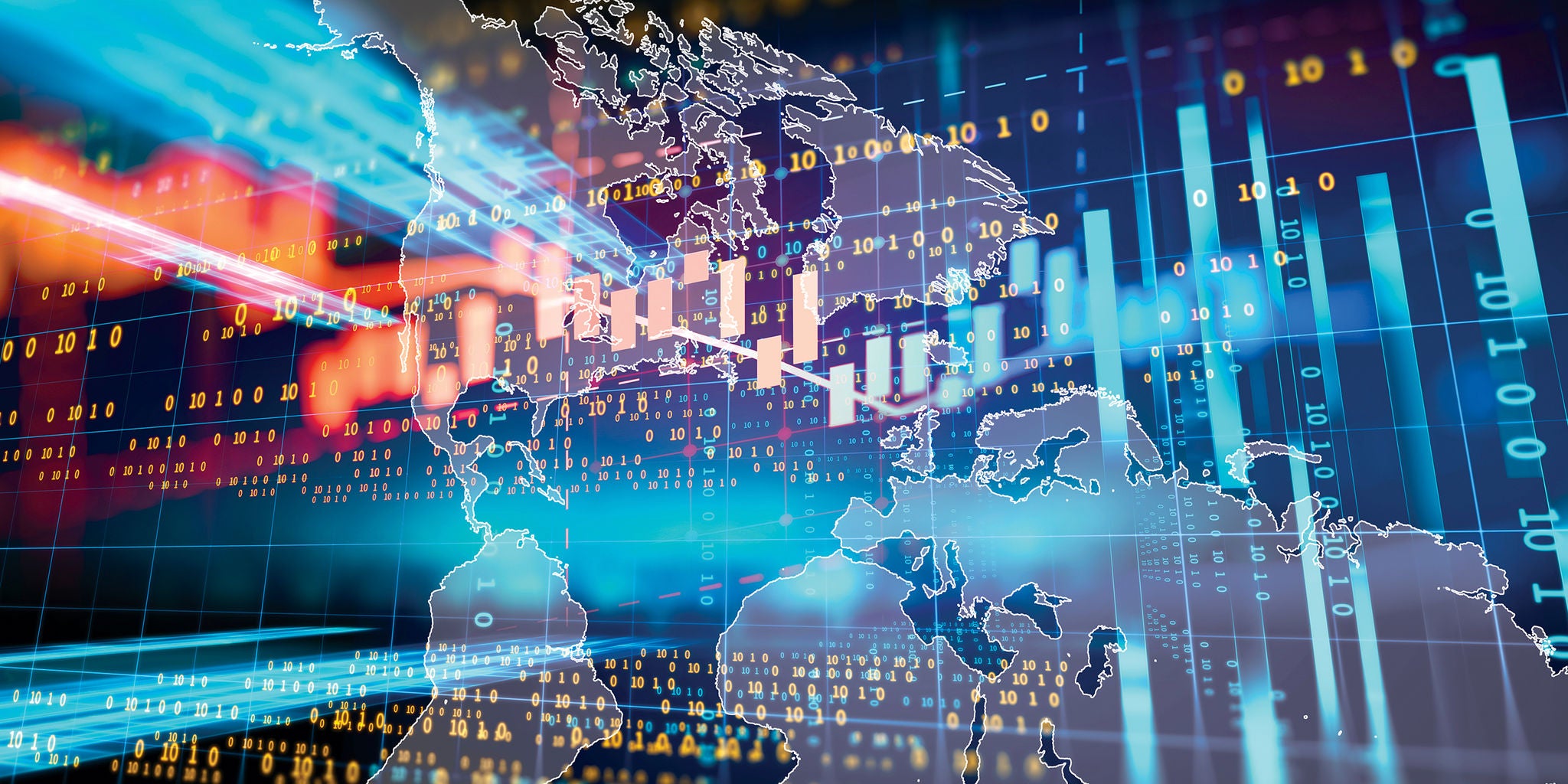 A stylized world map is overlaid with digital data graphics, including binary code, bar charts, and glowing lines. The image conveys a high-tech, global financial or data analytics theme. Blue and orange hues dominate the palette, creating a futuristic and dynamic mood. No visible text or numbers are explicitly shown in the image.
