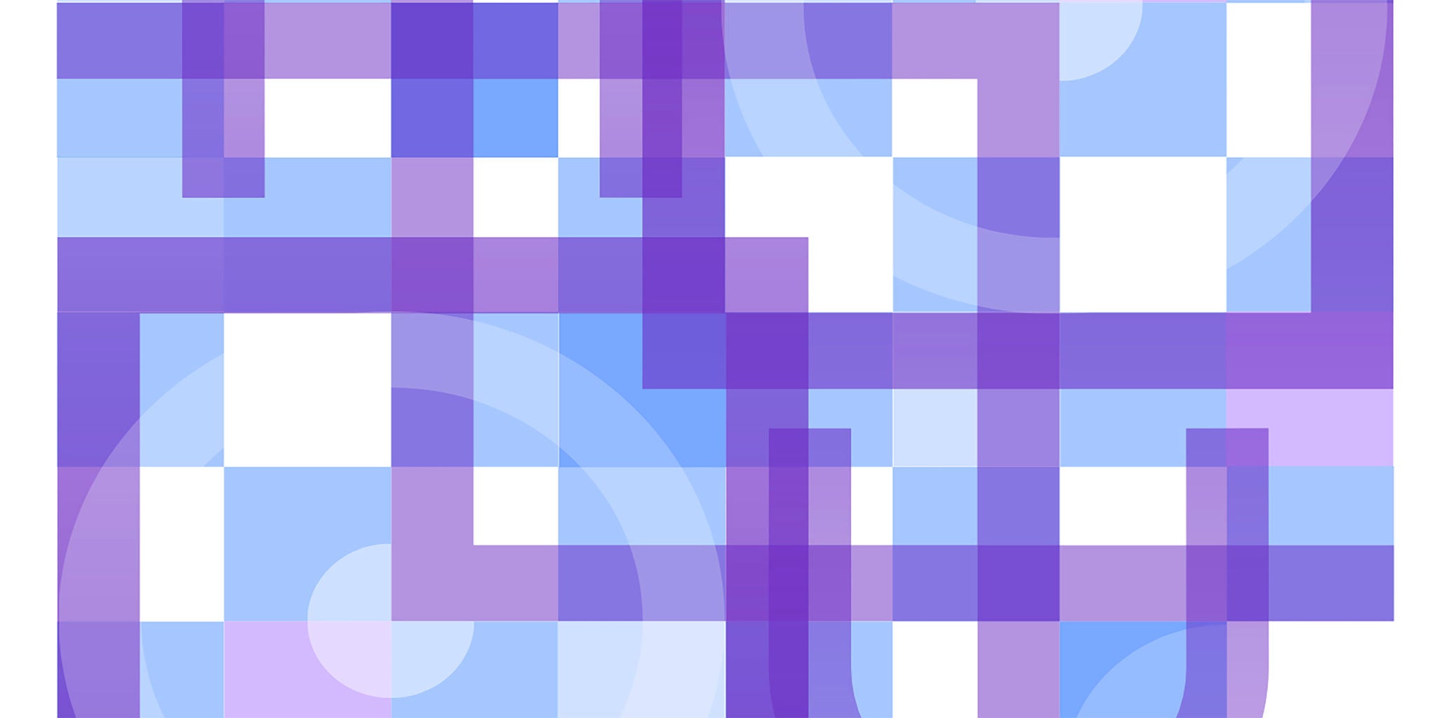 A vibrant abstract design featuring overlapping geometric shapes in shades of purple and blue. The composition includes squares, rectangles, and circular elements, creating a dynamic and modern visual. The pattern is symmetrical and visually engaging, suitable for artistic or design purposes.