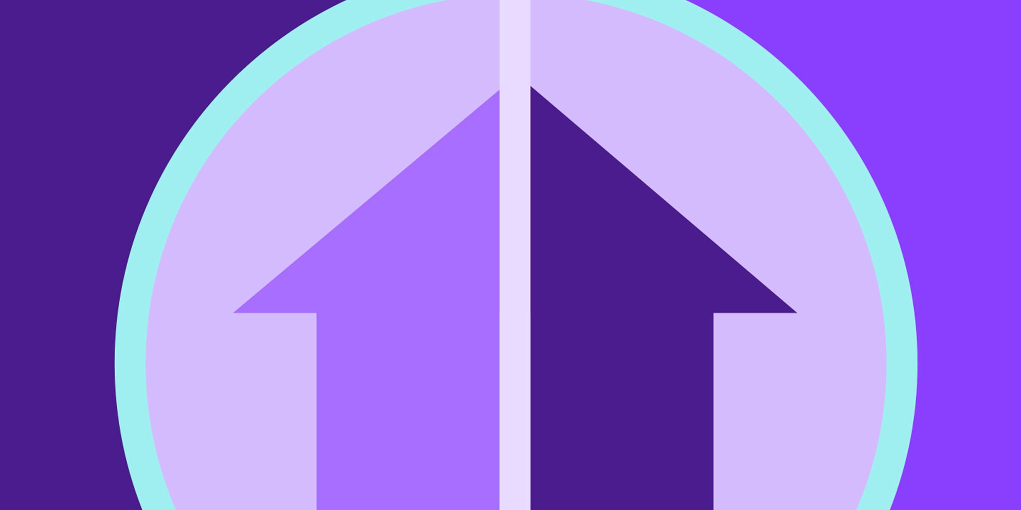 A stylized upward arrow is divided vertically within a circular border, rendered in various shades of purple and blue. The background features a gradient of purple hues, creating a modern and minimalistic visual effect. The design is geometric and symmetrical, with a clear focus on upward movement and direction. No text or numbers are visible in the image.