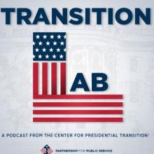 Square cover art features the title "TRANSITION LAB" with the letters "L" and "AB" stylized as an American flag. The flag design uses blue with white stars and red and white stripes arranged in an L shape. Subtext reads "A PODCAST FROM THE CENTER FOR PRESIDENTIAL TRANSITION" above a small emblem for the Partnership for Public Service. The overall design suggests a civic, governmental theme focused on U.S. presidential transitions.
