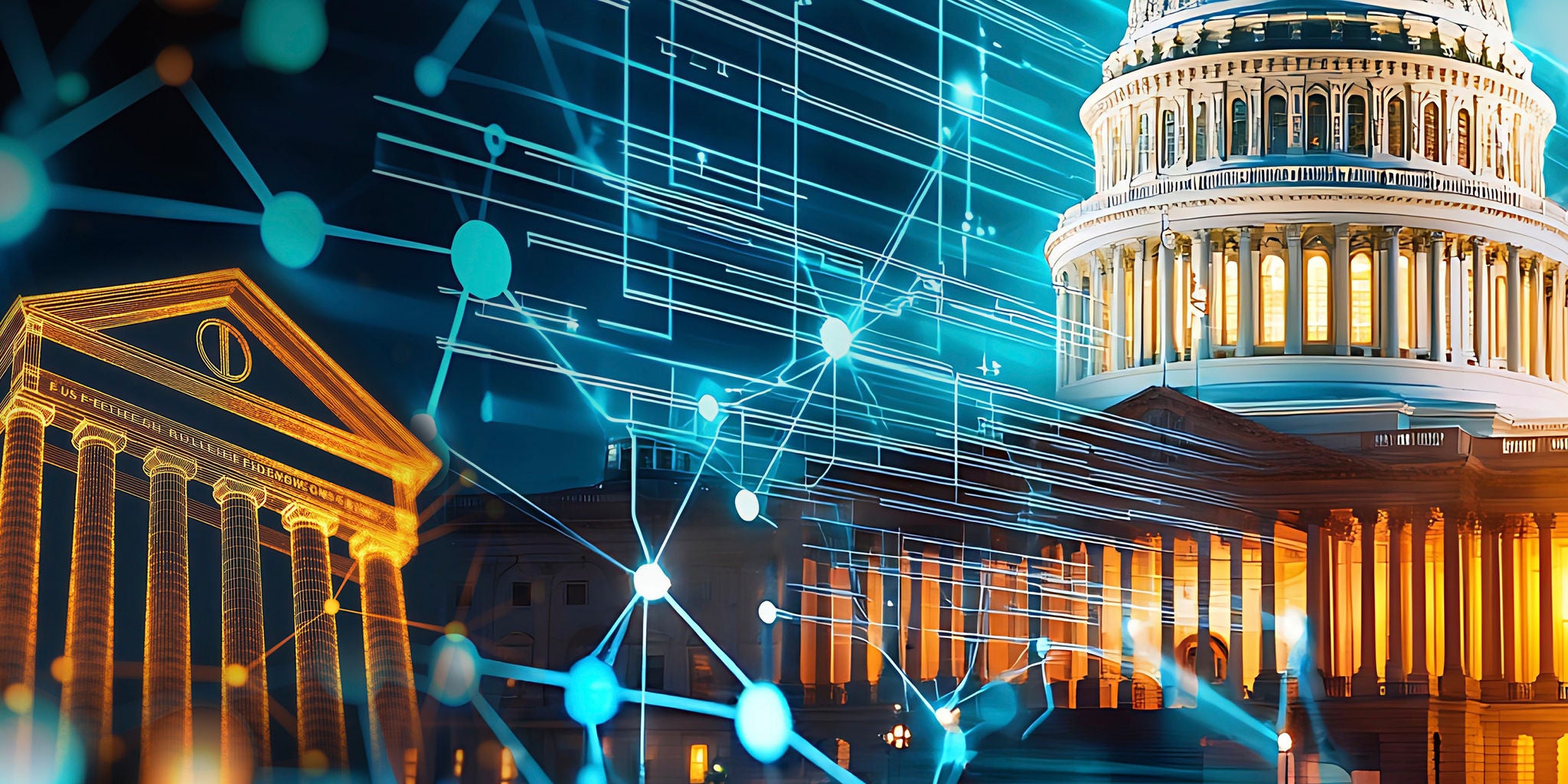 U.S. Capitol building illuminated at night, overlaid with glowing digital lines and nodes representing technology networks.