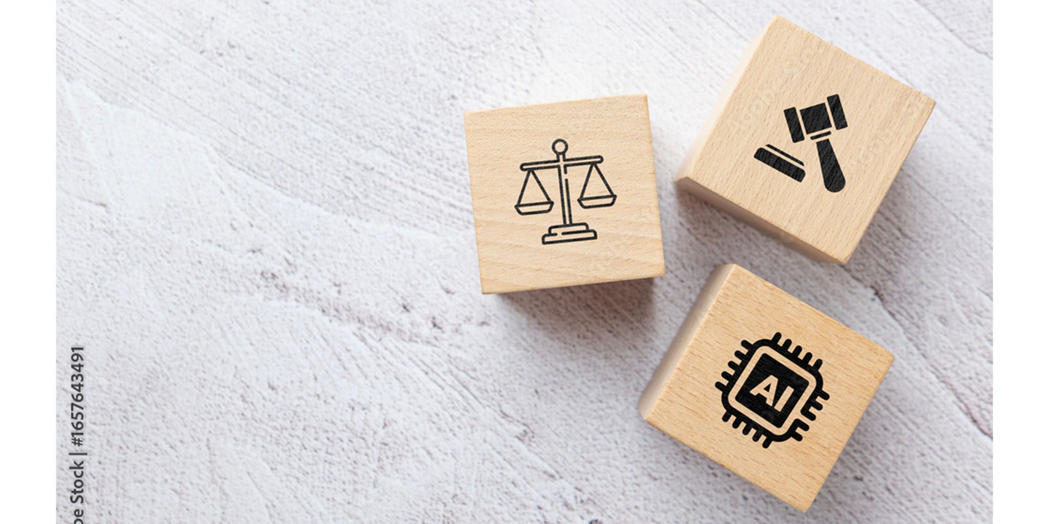Three wooden blocks are displayed on a textured white surface. Each block features a distinct icon: a scale of justice, a gavel, and an AI chip. The arrangement symbolizes the intersection of technology and law.