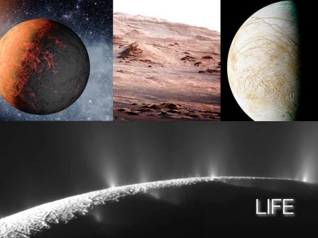 A composite image features three celestial bodies and a dramatic space scene. The top row shows a reddish planet, a rocky Martian-like landscape, and a pale, streaked moon. The bottom image displays a moon with geysers or plumes, accompanied by the word 'LIFE' in bold text. The visuals evoke themes of planetary science and the search for extraterrestrial life.