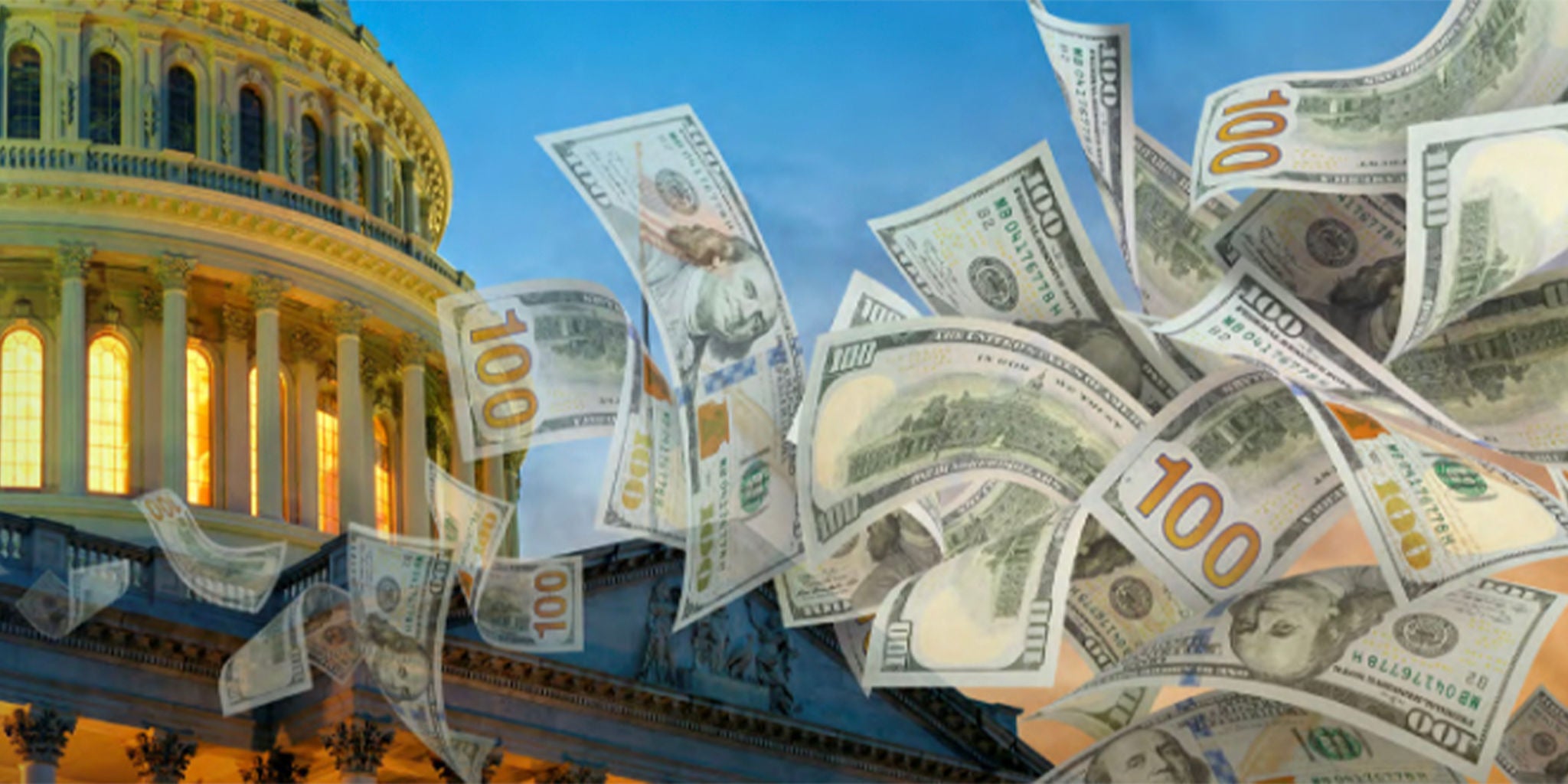 A vibrant image of the US Capitol building at sunset, with numerous US dollar bills floating in the air. The scene symbolizes financial themes, government spending, or economic concepts. The $100 bills are prominently visible, adding a sense of monetary focus.