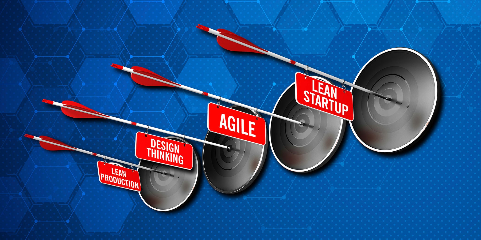 Four arrows labeled 'Lean Production', 'Design Thinking', 'Agile', and 'Lean Startup' are shown hitting four separate targets. The background features a blue hexagonal pattern, evoking a modern and technological atmosphere. The image visually represents business methodologies and innovation strategies, with each concept clearly visible on red signs attached to the arrows.