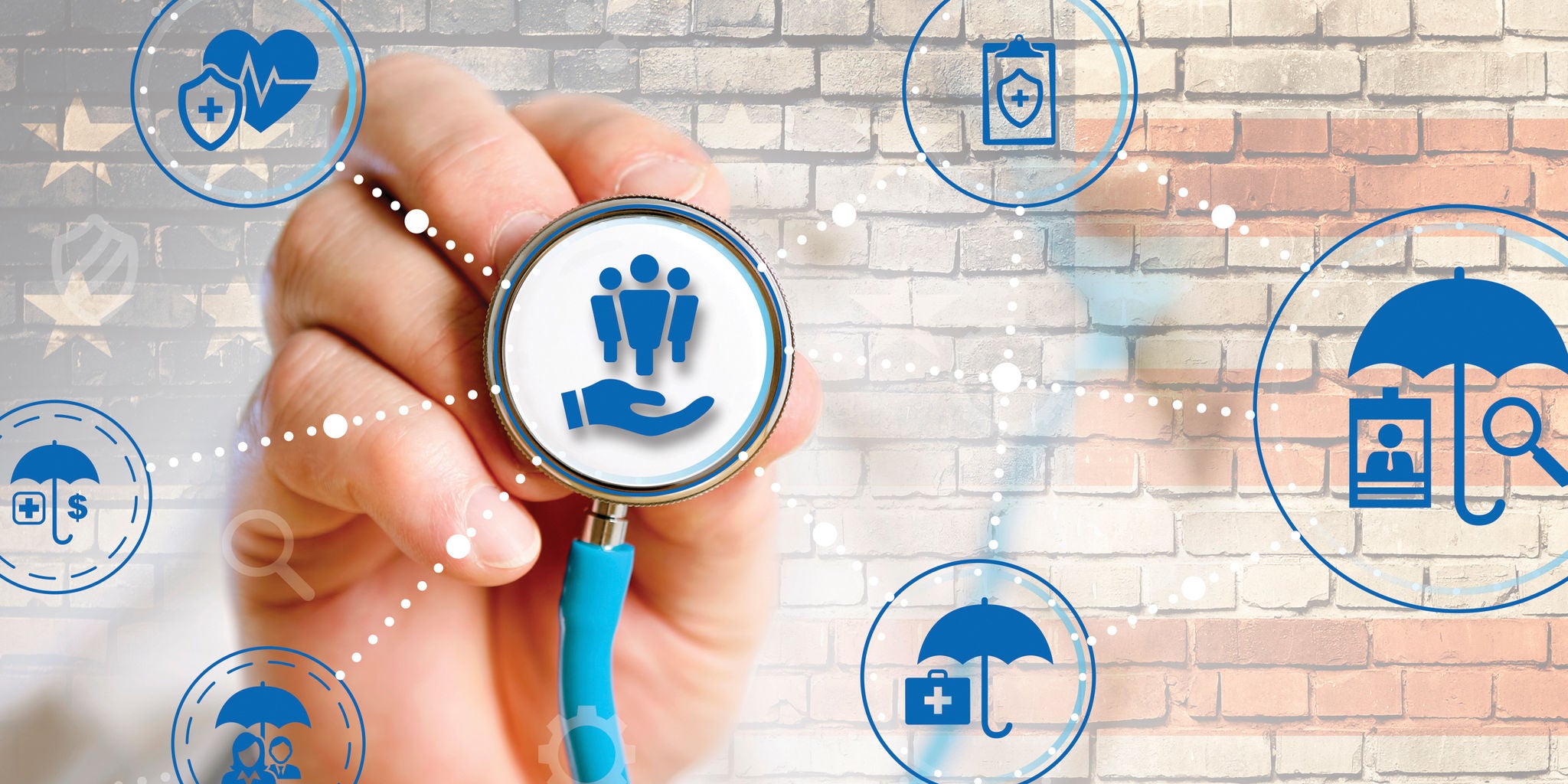 A hand holds a stethoscope with a healthcare and family protection icon, set against a brick wall background. Blue insurance and medical symbols, such as umbrellas and heartbeats, are digitally overlaid around the main subject. The image conveys themes of health, safety, and medical coverage, with a modern and professional visual style. No visible numbers or explicit text are present.