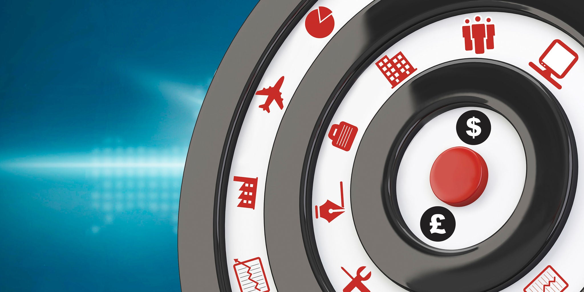 A circular target board features various red and black icons representing different industries and activities, such as travel, finance, and technology. The center of the board displays currency symbols including the dollar and pound. The background is a gradient blue with a light flare, adding a modern and dynamic feel. No visible text or numbers are present on the image.