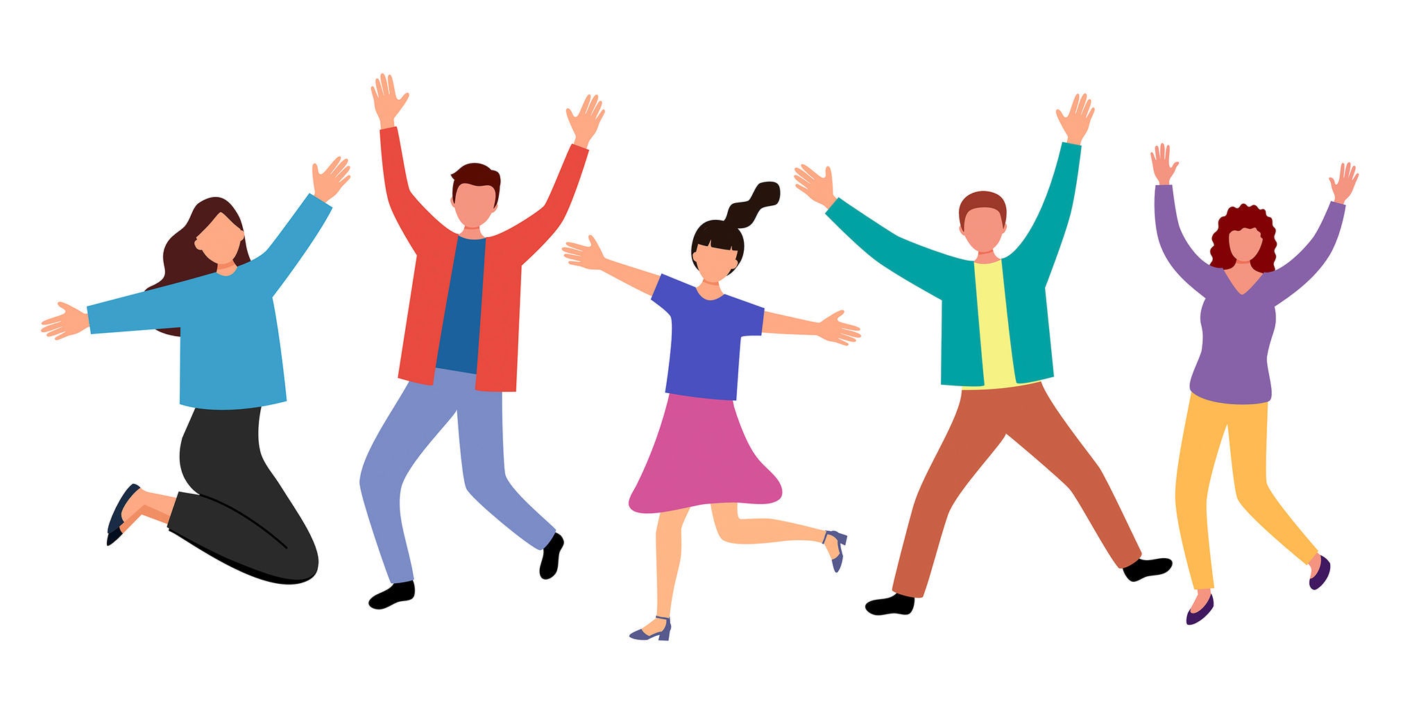 Illustration of five individuals jumping in excitement, showcasing diverse clothing styles and vibrant colors. The group includes both men and women, depicted in a cheerful and celebratory mood. The background is plain white, emphasizing the lively poses and colorful outfits.