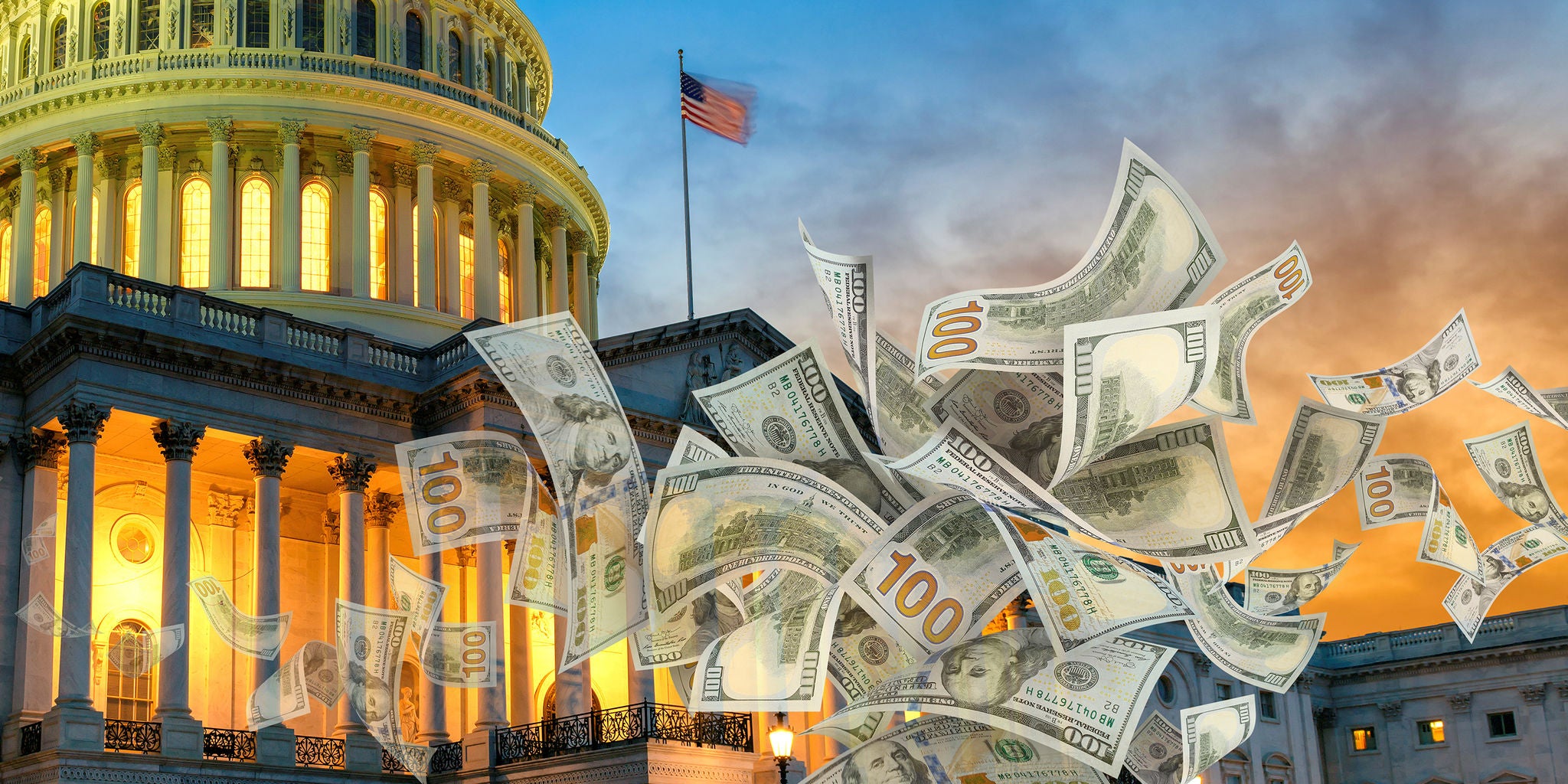 The image features the iconic US Capitol building illuminated at sunset, with the American flag visible atop the dome. Numerous US dollar bills, including $100 notes, appear to be floating or flying in the foreground. The scene conveys a sense of financial activity or economic themes related to government. The warm lighting and dramatic sky enhance the visual impact.