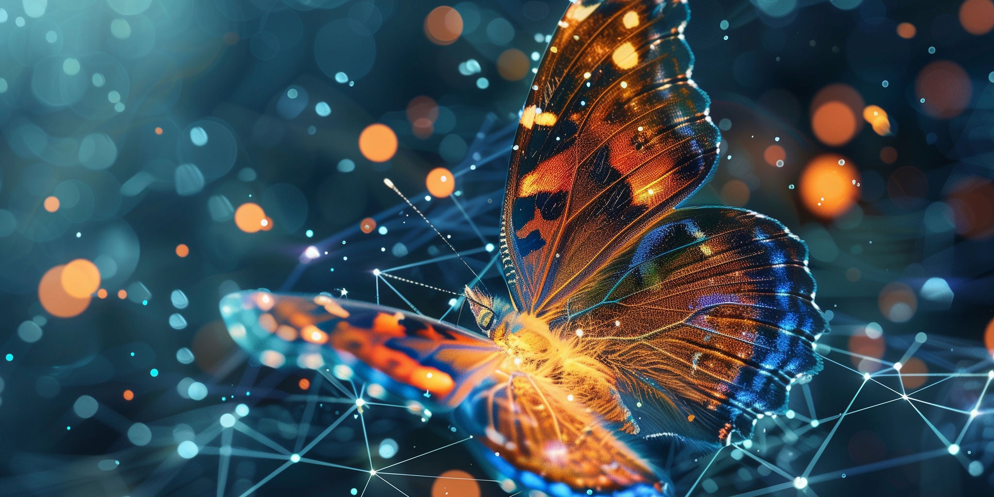 A close-up of a butterfly with vibrant orange and blue wings is set against a dynamic, abstract background. The scene features glowing bokeh lights and geometric network lines, creating a futuristic and magical atmosphere. The butterfly's delicate details are highlighted by the interplay of light and color. No visible text or numbers are present in the image.
