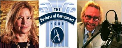 A composite image features two individuals and a central podcast logo. The left and right panels show adults in professional attire, one in an outdoor setting and the other in a recording studio with a microphone. The center panel displays the text 'The Business of Government Hour' with a microphone graphic, emphasizing a podcast or radio show theme.