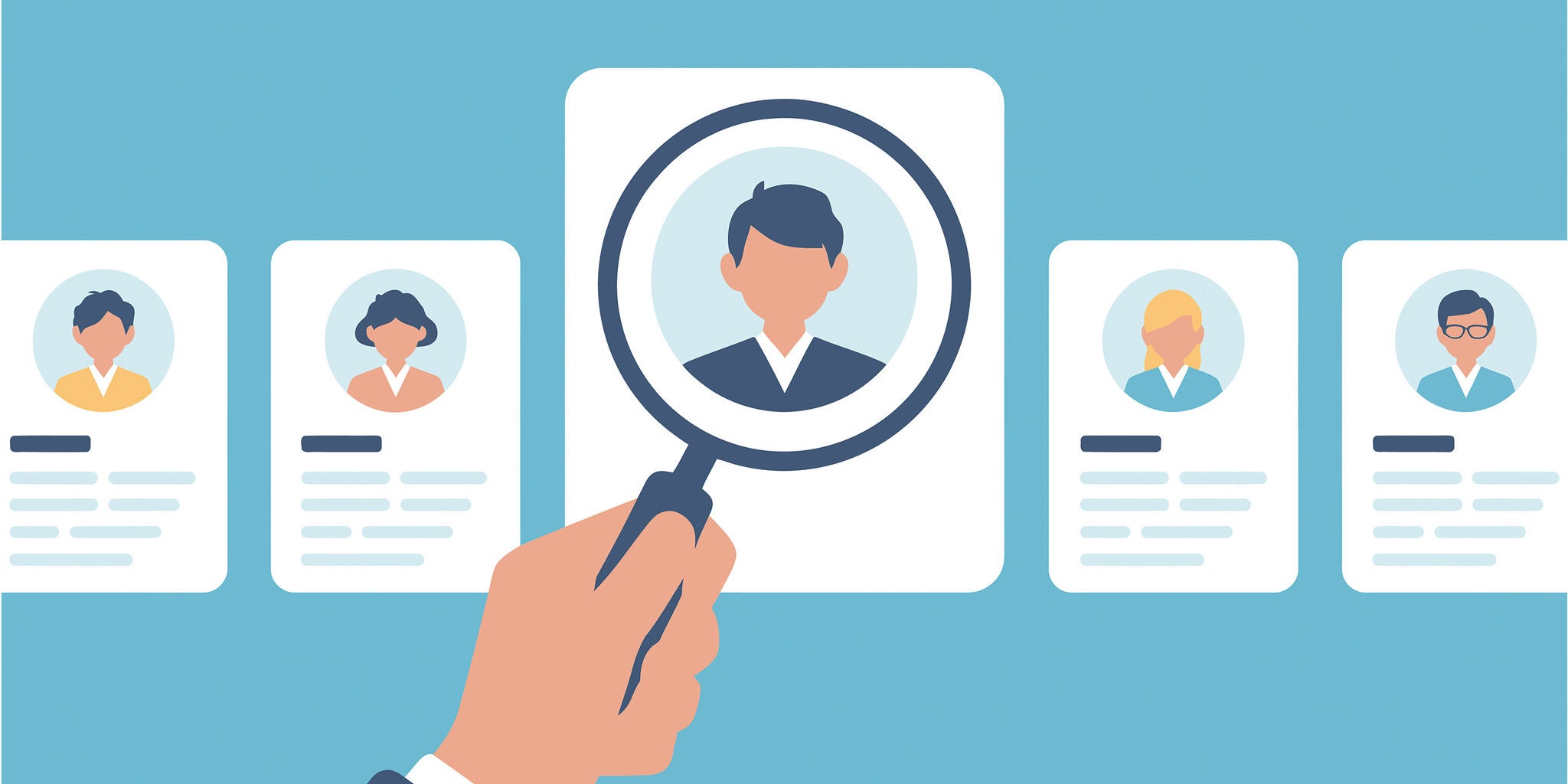An illustration of a hand holding a magnifying glass over a candidate profile. The setting depicts a recruitment or hiring process with multiple profiles displayed in a row. The visuals include diverse avatars and text details on each profile card, emphasizing professional selection.