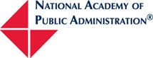 This image features the official logo of the National Academy of Public Administration. The design includes a geometric red emblem on the left and the organization's name in blue uppercase text to the right. The setting is clean and minimal, with a white background emphasizing the logo elements. The overall style is professional and institutional, suitable for academic or governmental contexts.