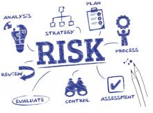 The image features the word 'RISK' prominently in the center, surrounded by hand-drawn icons and keywords related to risk management. Visible terms include analysis, strategy, plan, process, assessment, control, evaluate, and review. The visual style is sketch-like with a blue color palette, emphasizing business planning and evaluation.