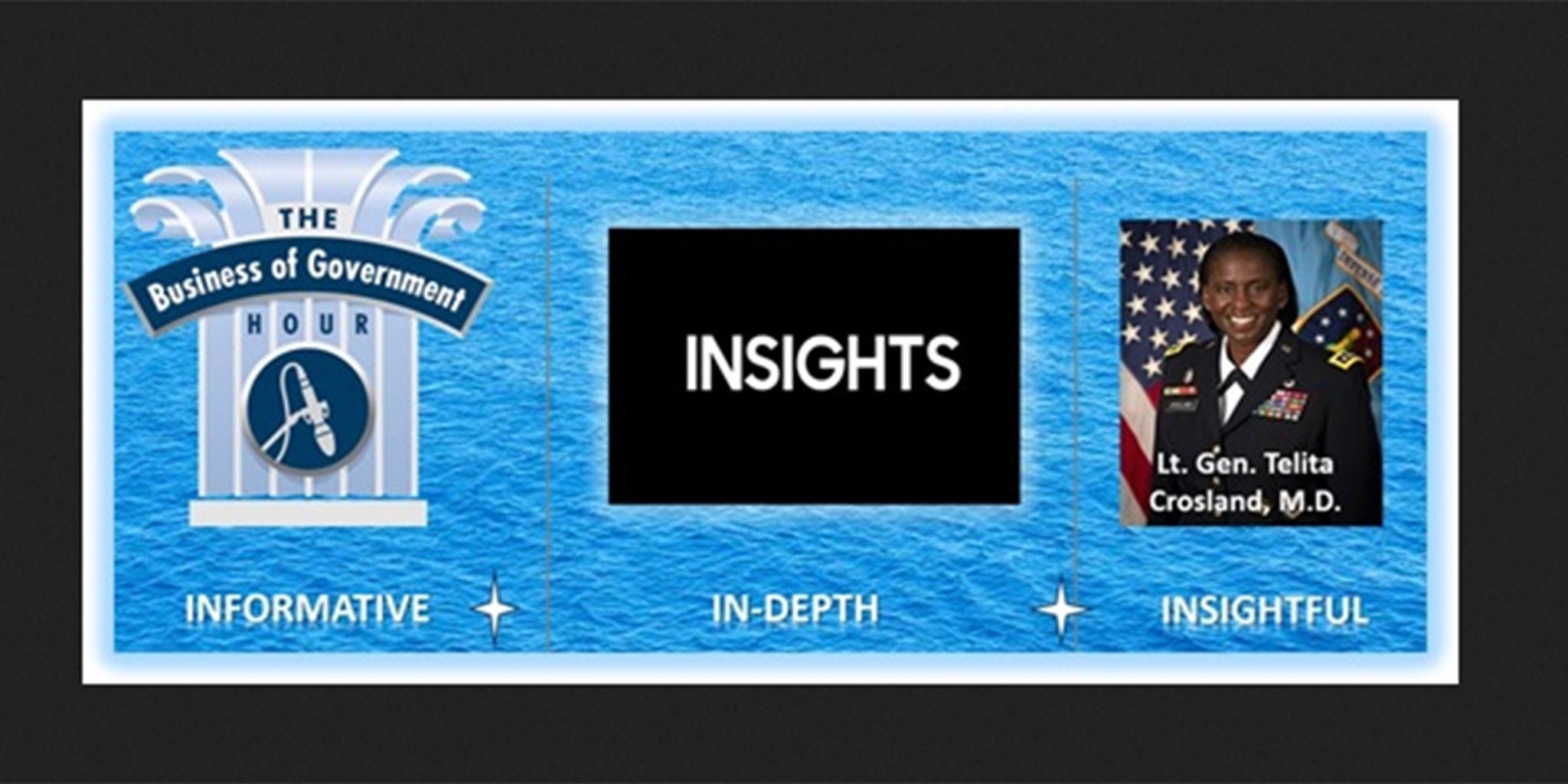 A promotional banner for 'The Business of Government Hour' featuring a blue water-themed background. The design highlights keywords such as 'Informative,' 'In-Depth,' and 'Insightful,' with a central focus on the word 'INSIGHTS.' A blurred individual in uniform is shown alongside a U.S. flag.