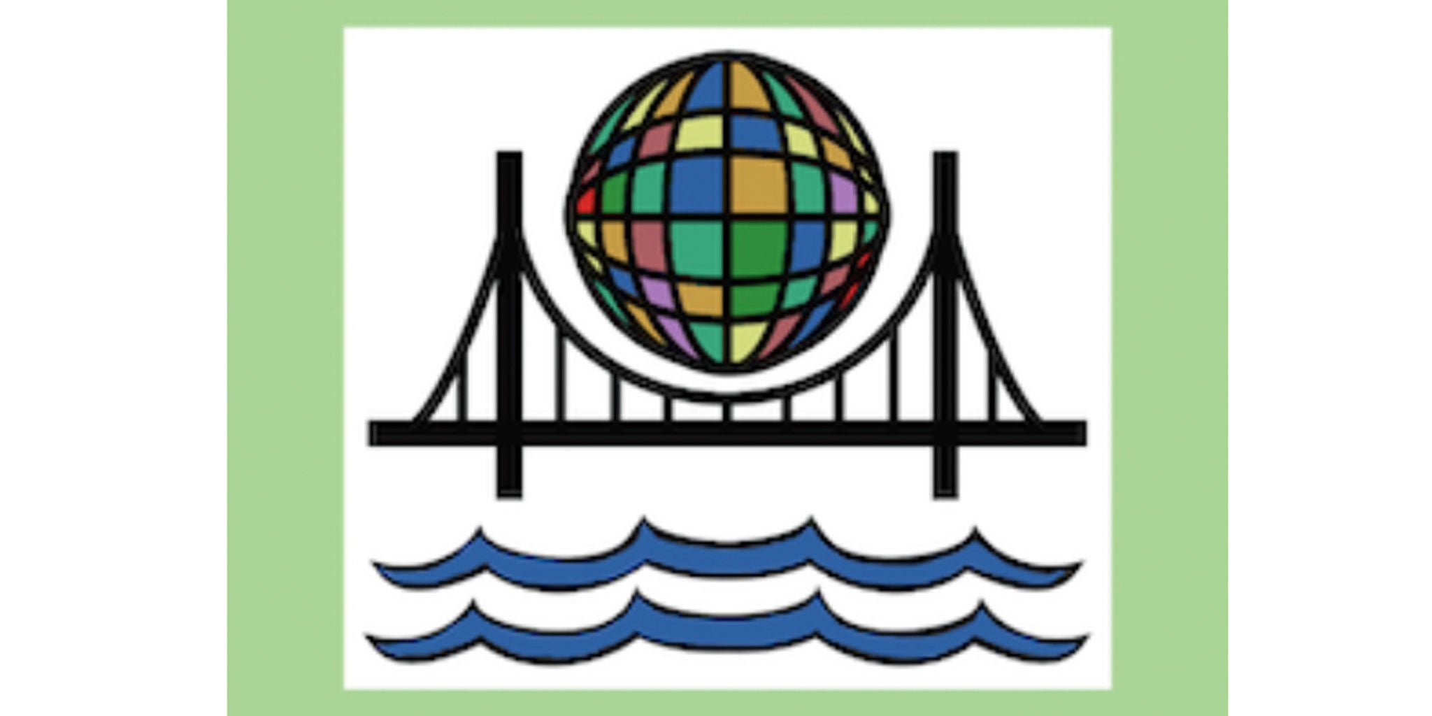An illustration featuring a bridge with a colorful globe positioned above it, symbolizing global connectivity. Below the bridge, stylized blue waves represent water. The design is set against a white background with a green border.