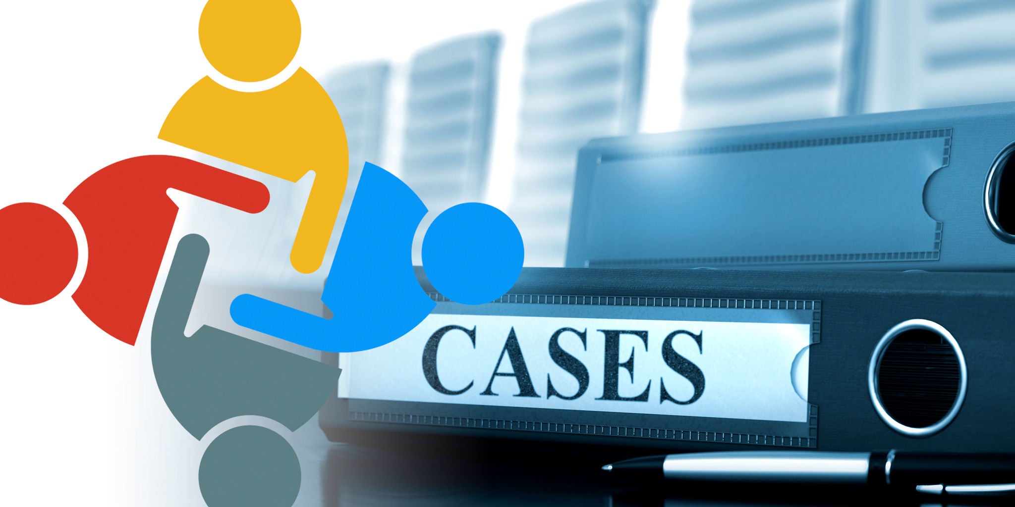 A close-up image shows a file binder labeled 'CASES' in a professional office setting. The background features blurred shelves, while the foreground displays colorful abstract human figures, suggesting teamwork or collaboration. The overall palette is cool with pops of red, yellow, and blue. The word 'CASES' is clearly visible on the file spine.