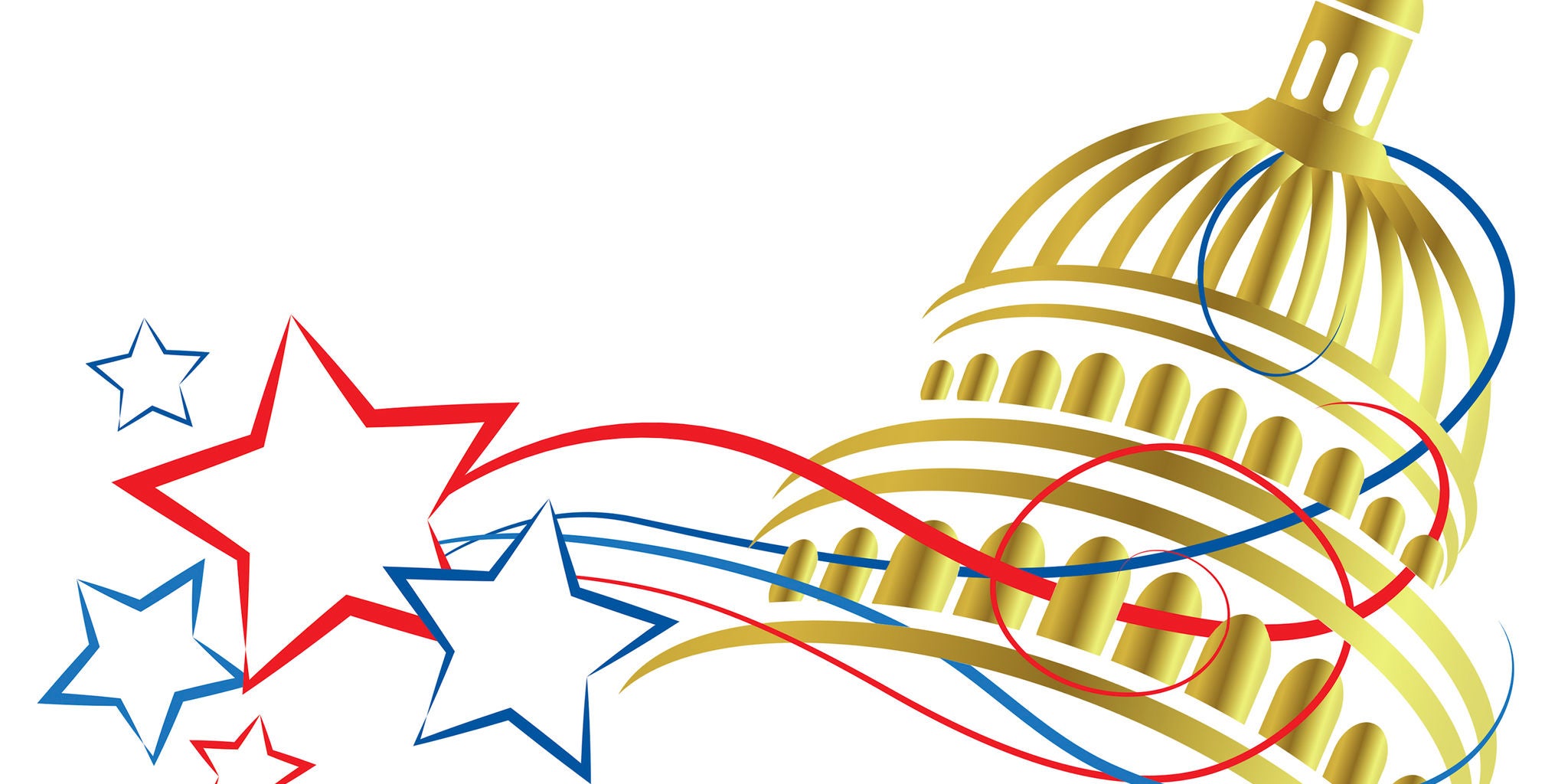 A stylized gold dome resembling the United States Capitol is featured on a white background. Red, white, and blue stars and swirling ribbons accent the image, evoking a patriotic theme. The composition is festive and dynamic, with no visible text or numbers. The overall mood is celebratory, suitable for American holidays or government-related topics.