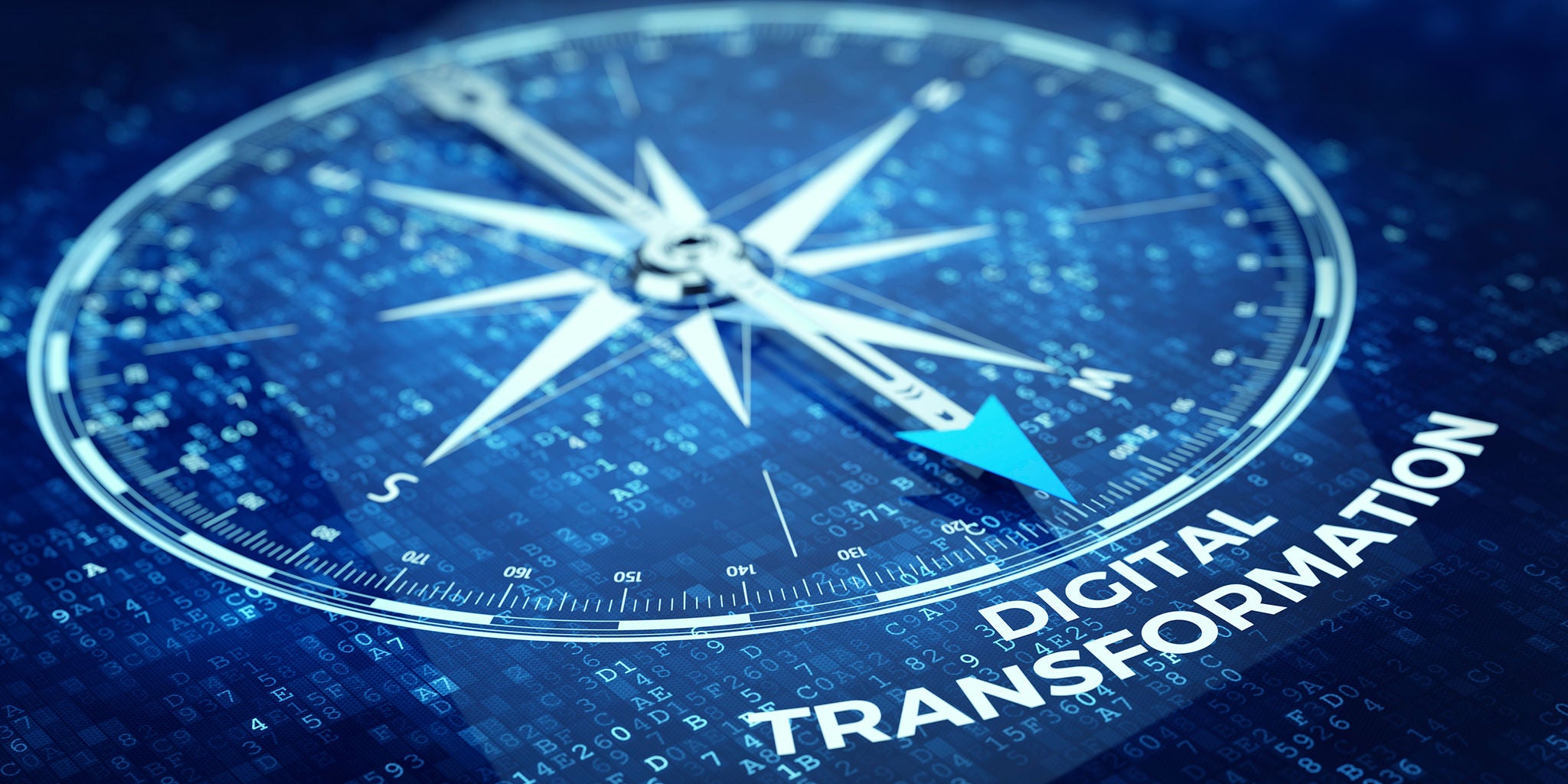 A close-up of a compass graphic features the words 'DIGITAL TRANSFORMATION' prominently displayed along its edge. The background is filled with digital binary code, emphasizing a technology-driven theme. The overall color palette is blue, conveying a modern and innovative mood. The image visually represents the concept of navigating digital change.