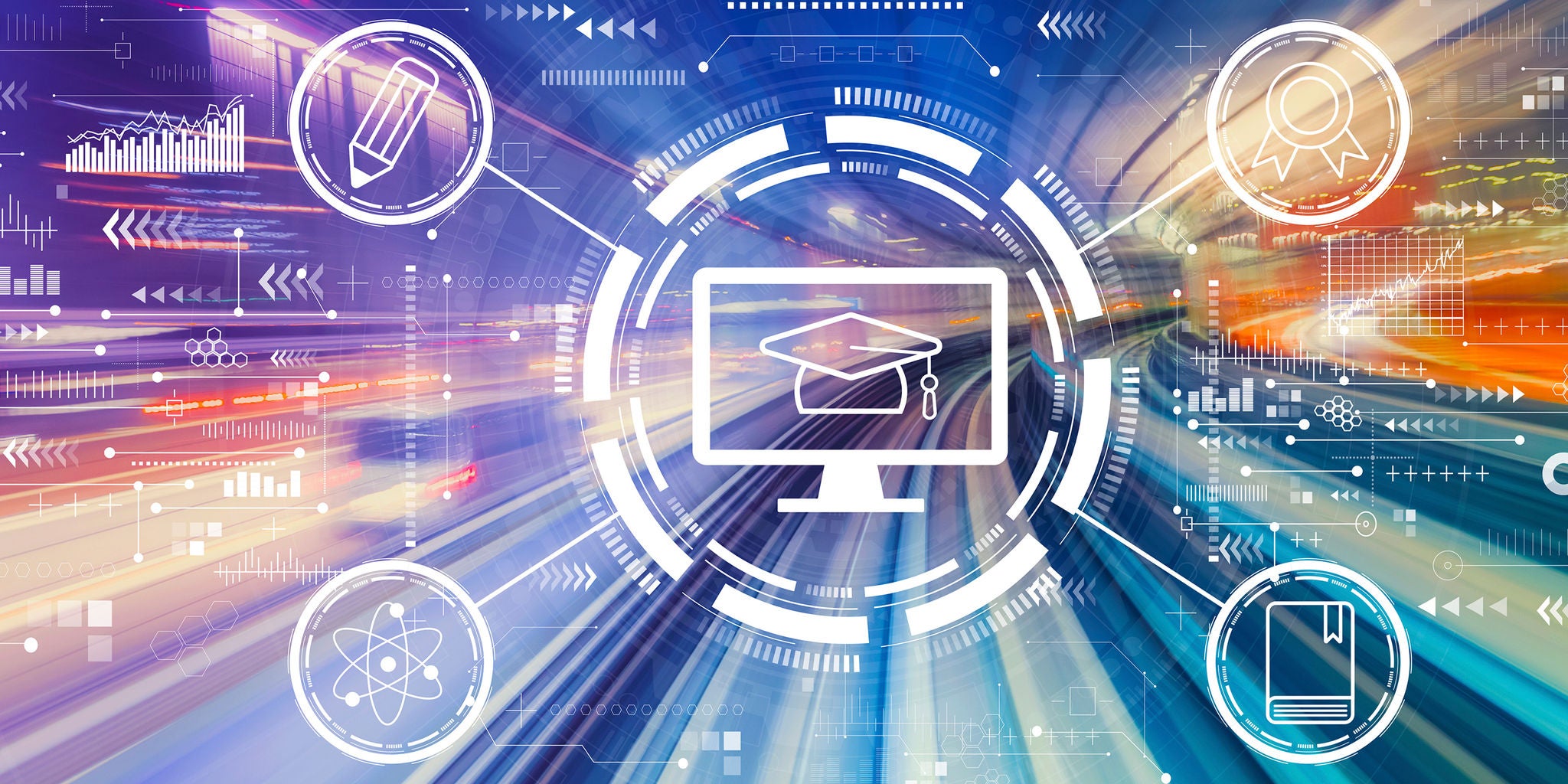 A central computer monitor with a graduation cap icon is surrounded by various educational and technology-related symbols. The background features a dynamic, colorful blur suggesting speed and data flow, evoking a futuristic or digital learning environment. Visible icons include a pencil, book, atom, and award, representing different aspects of education and achievement. The overall palette is vibrant with blue, purple, and orange tones.