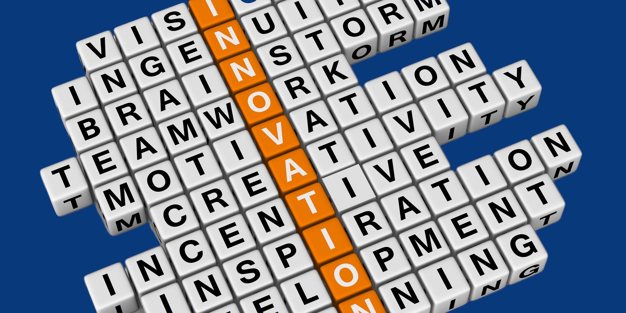 A crossword puzzle features the word 'INNOVATION' prominently highlighted in orange tiles, intersecting with related terms. The setting is a clean, blue background, emphasizing a modern and creative theme. Words such as 'VISION', 'TEAMWORK', 'CREATIVE', and 'INSPIRATION' are clearly visible. The overall mood is motivational and forward-thinking, with a focus on business and creativity.