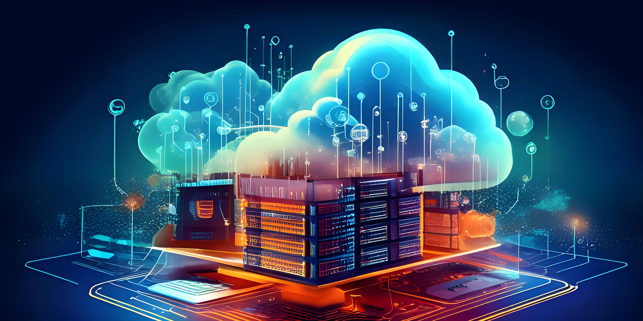A vibrant digital illustration depicts a modern data center connected to a large cloud, symbolizing cloud computing technology. The scene features glowing servers, circuit boards, and floating digital icons, all set against a dark blue background. The visual style is high-tech and colorful, with neon blue and orange accents creating a dynamic, futuristic mood. No visible text or numeric values are present in the image.