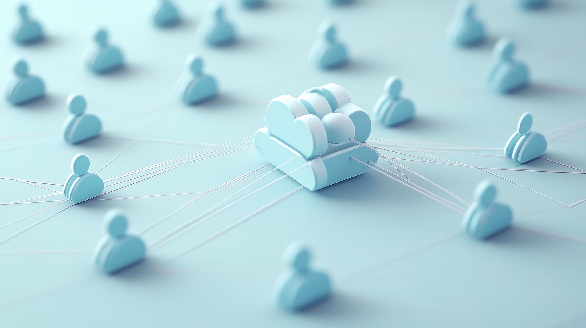 A conceptual illustration of cloud computing, featuring a central cloud icon connected to multiple user icons. The design uses a soft blue color palette, creating a modern and minimalistic aesthetic. The image symbolizes data sharing, connectivity, and digital collaboration.