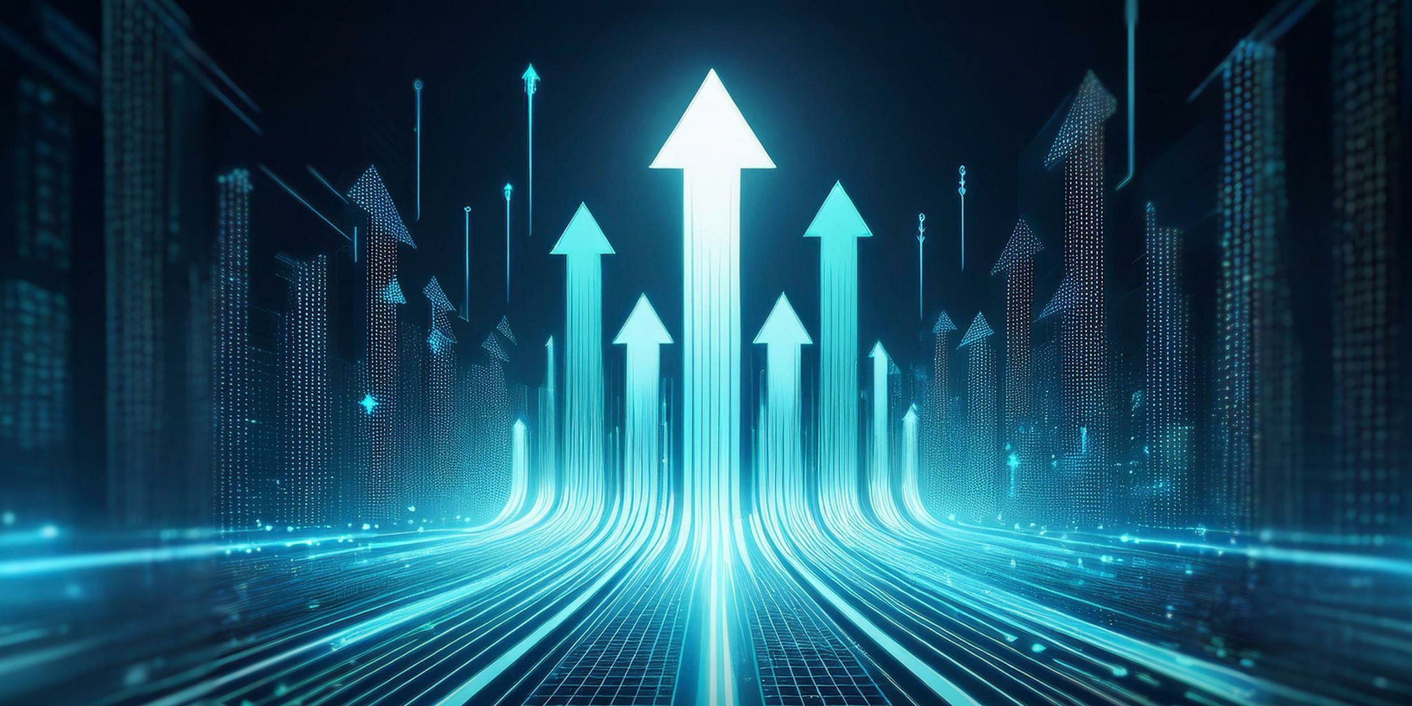 A group of luminous arrows point upward in a stylized digital environment, evoking themes of growth and progress. The scene features a glowing blue palette with abstract city-like structures and data streams. The visual style is modern and high-tech, emphasizing innovation and forward movement. No visible text or numbers are present in the image.